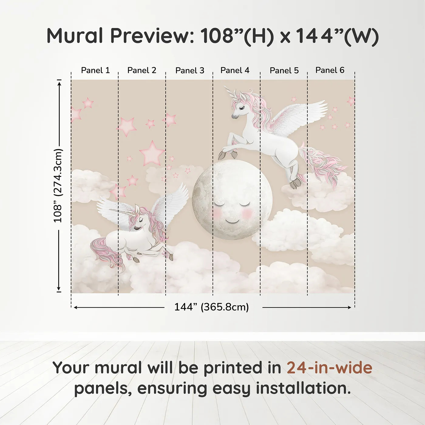 Whimsy Tots Pegasus Moon Dance Wall Muraldimension view (108" H x 144" W). Printed in six 24-inch-wide panels. Best for Girls