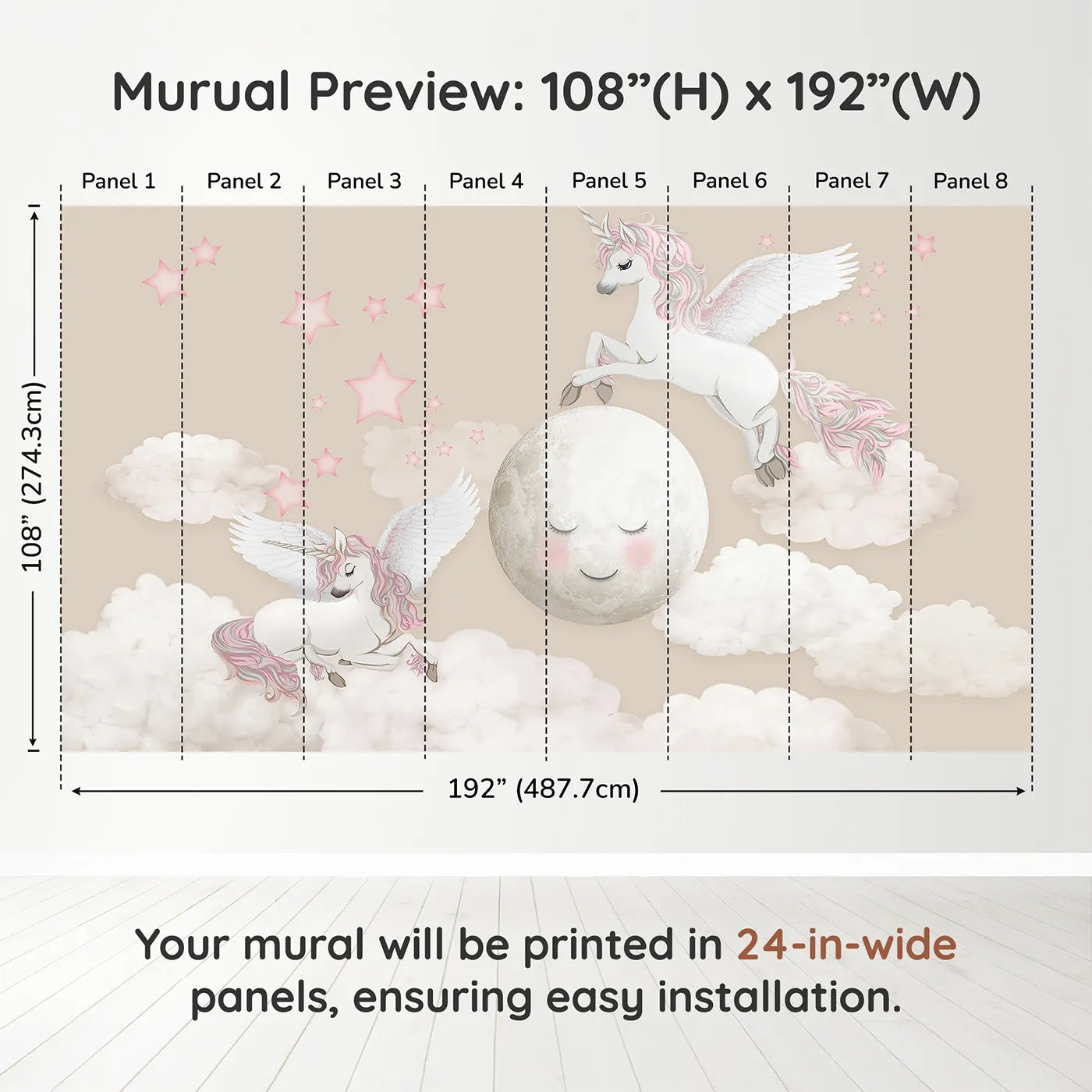 Whimsy Tots Pegasus Moon Dance Wall Muraldimension view (108" H x 192" W). Printed in eight 24-inch-wide panels. Best for Girls
