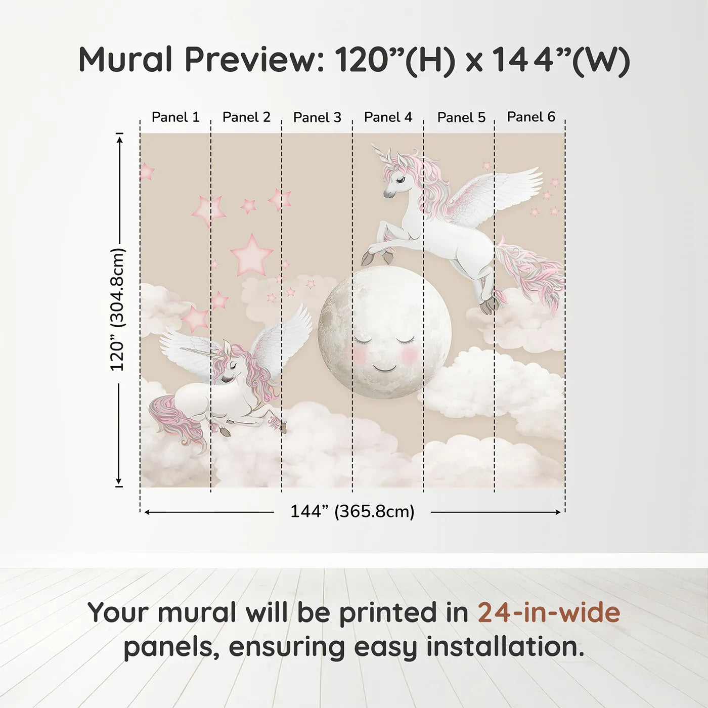 Whimsy Tots Pegasus Moon Dance Wall Muraldimension view (120" H x 144" W). Printed in six 24-inch-wide panels. Best for Girls