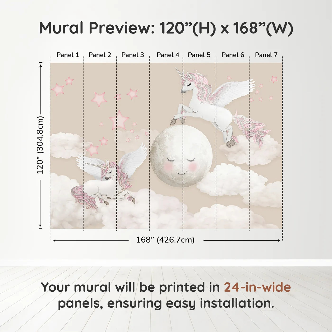Whimsy Tots Pegasus Moon Dance Wall Muraldimension view (120" H x 168" W). Printed in seven 24-inch-wide panels. Best for Girls