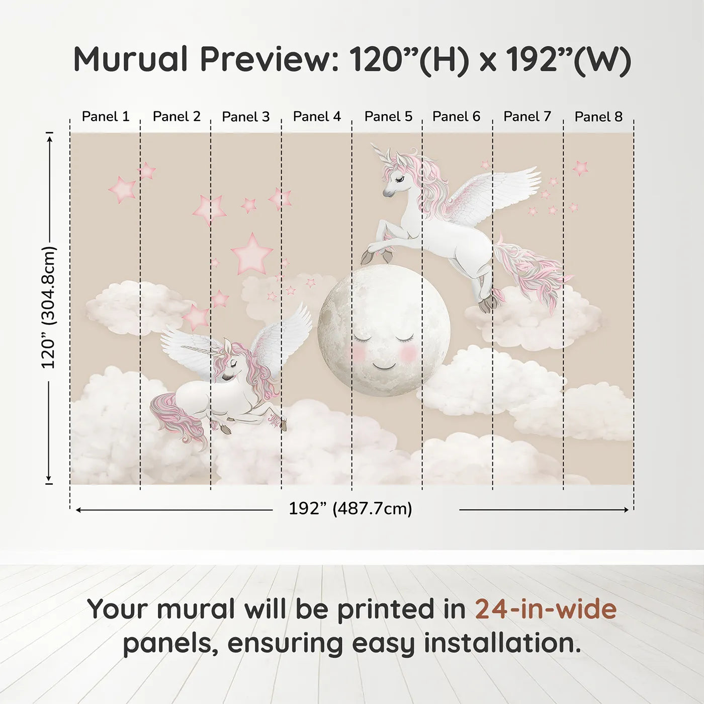 Whimsy Tots Pegasus Moon Dance Wall Muraldimension view (120" H x 192" W). Printed in eight 24-inch-wide panels. Best for Girls