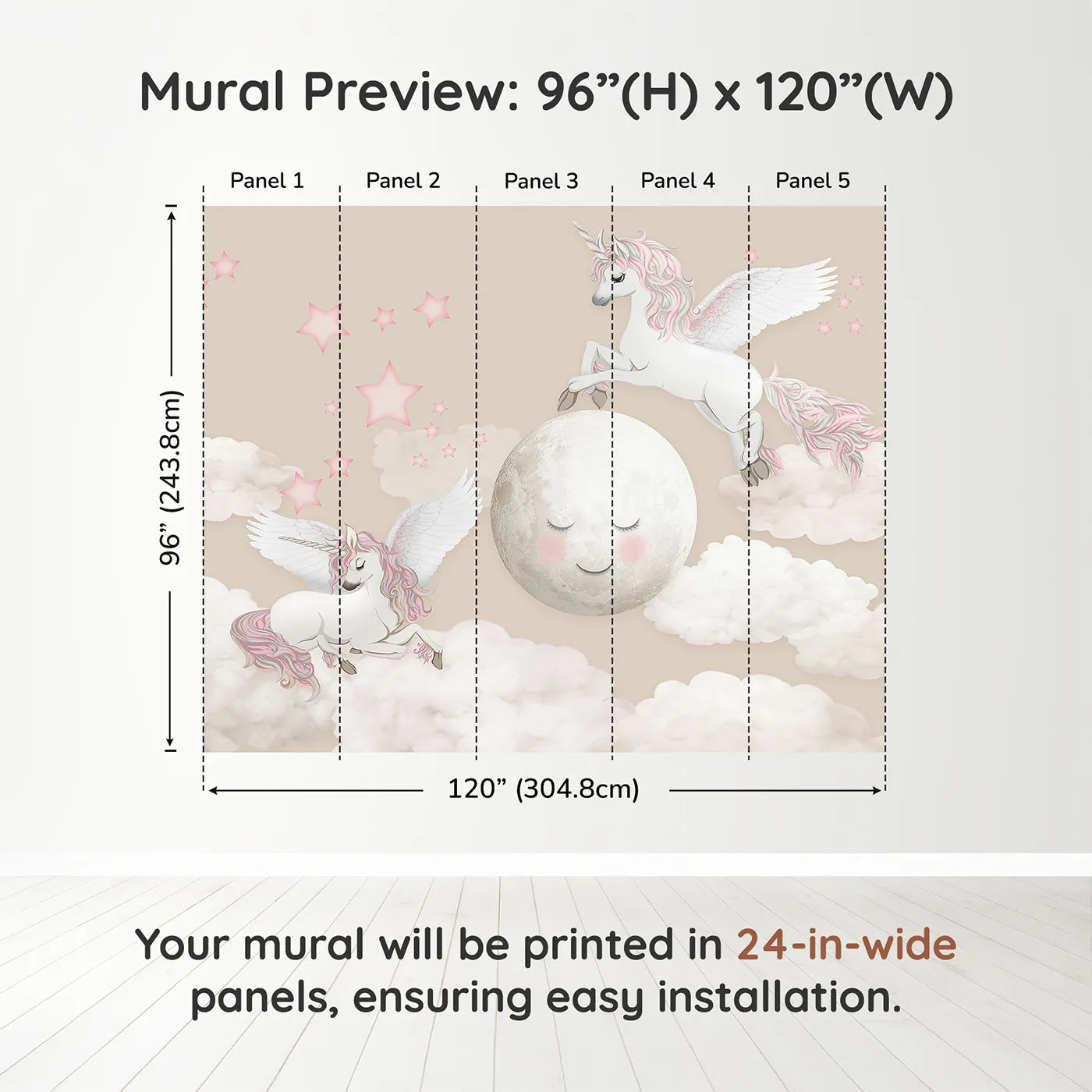 Whimsy Tots Pegasus Moon Dance Wall Muraldimension view (96" H x 120" W). Printed in five 24-inch-wide panels. Best for Girls