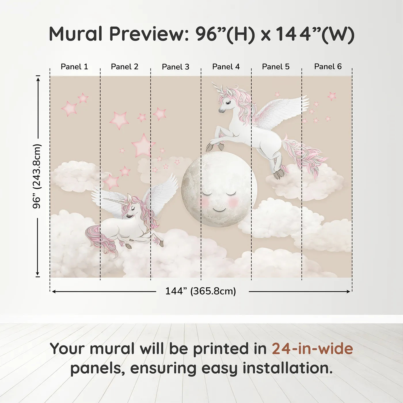 Whimsy Tots Pegasus Moon Dance Wall Muraldimension view (96" H x 144" W). Printed in six 24-inch-wide panels. Best for Girls