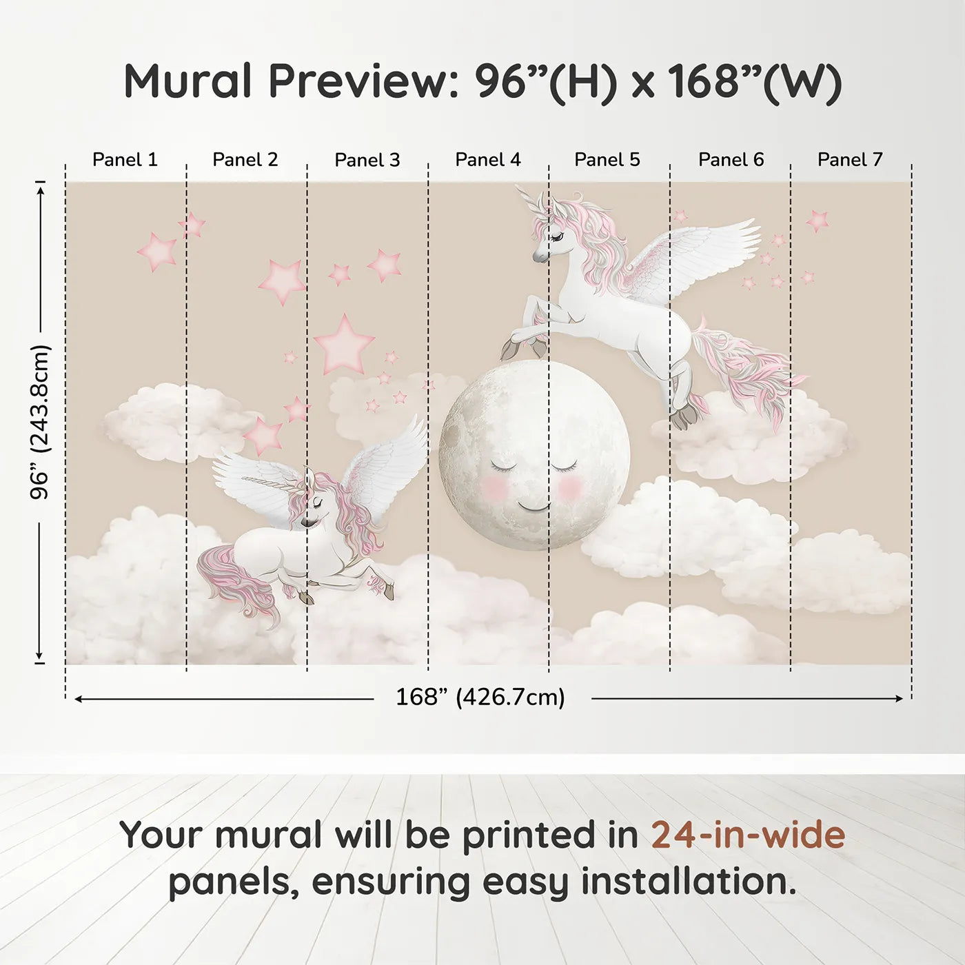 Whimsy Tots Pegasus Moon Dance Wall Muraldimension view (96" H x 168" W). Printed in seven 24-inch-wide panels. Best for Girls