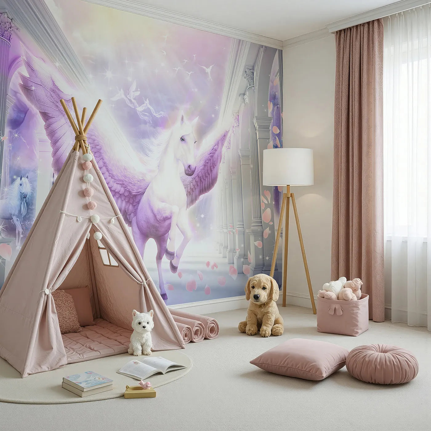Angled view of Whimsy Tots' Pegasus in the Heavens Wall Mural (Turn Their Room into a Breathtaking, Ethereal Palace).Gender-Neutral