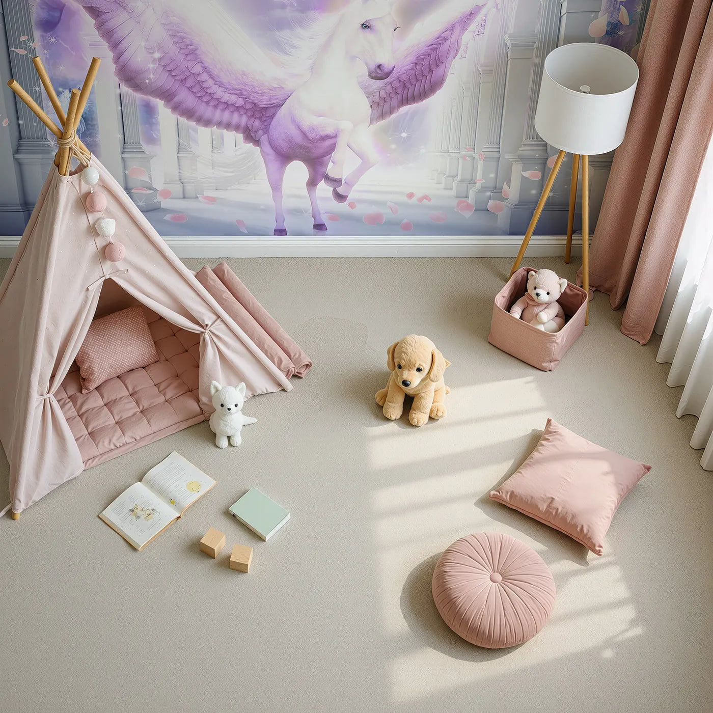 Top-down view of Whimsy Tots' Pegasus in the Heavens Wall Mural (Turn Their Room into a Breathtaking, Ethereal Palace).Gender-Neutral