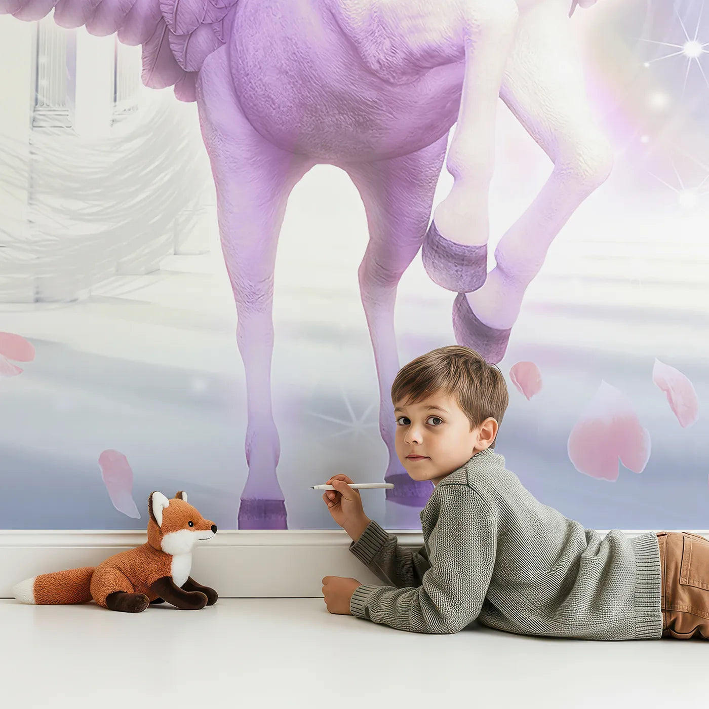 Child in front of Whimsy Tots Pegasus in the Heavens Wall Mural with pegasus, unicorn, magic, fantasy, horse, wings, sparkle, purple in design.