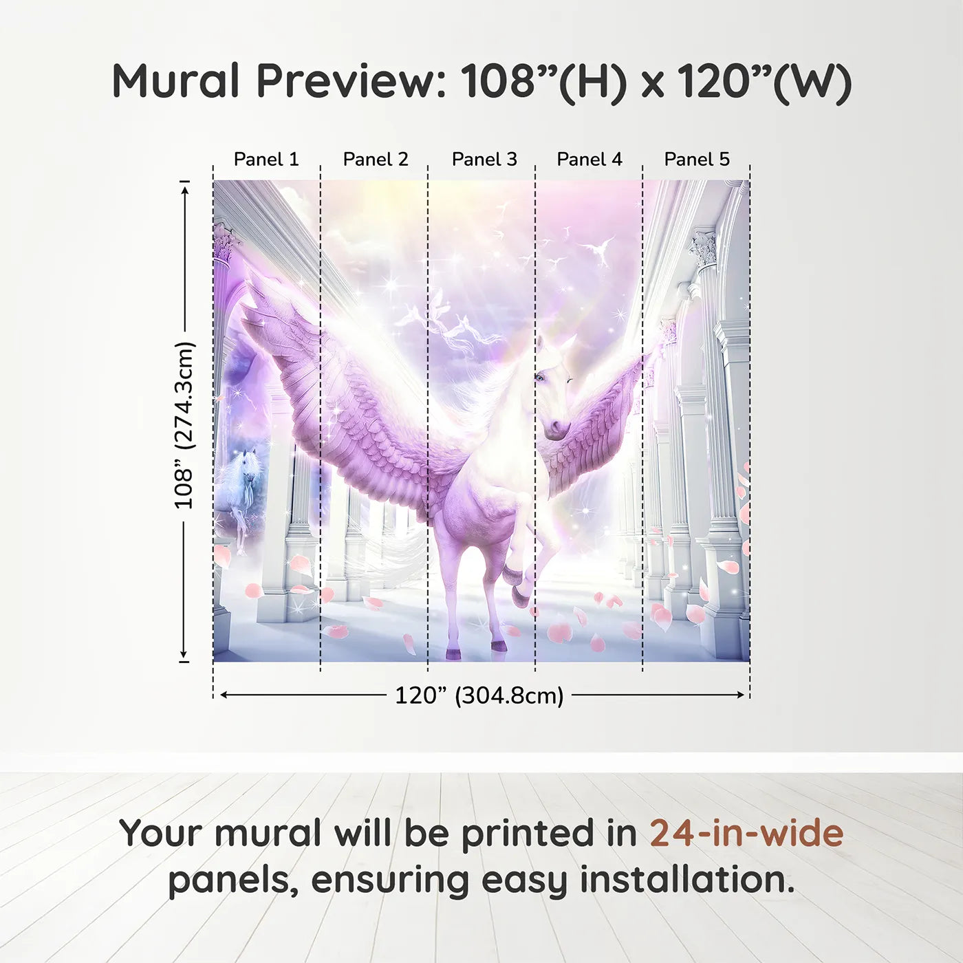 Whimsy Tots Pegasus in the Heavens Wall Muraldimension view (108" H x 120" W). Printed in five 24-inch-wide panels. Gender-Neutral