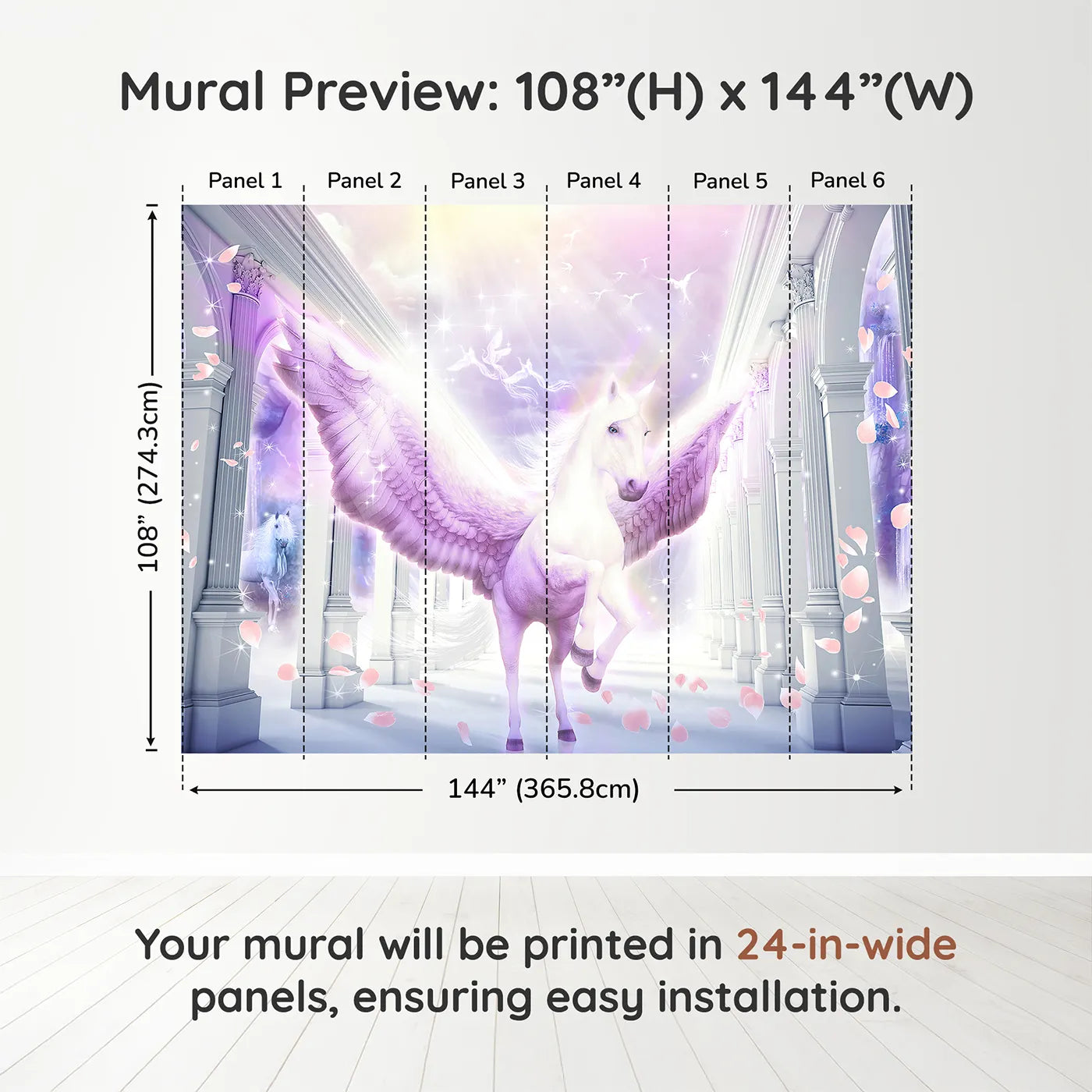 Whimsy Tots Pegasus in the Heavens Wall Muraldimension view (108" H x 144" W). Printed in six 24-inch-wide panels. Gender-Neutral