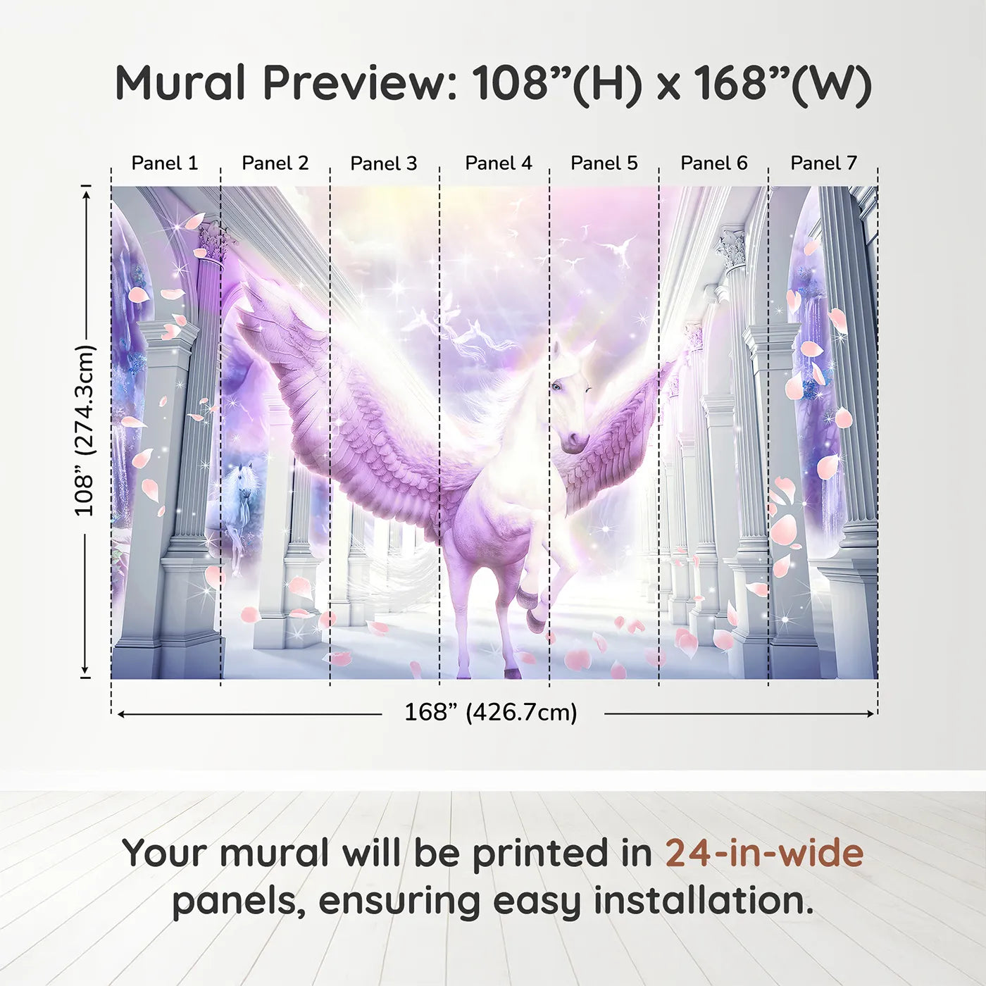 Whimsy Tots Pegasus in the Heavens Wall Muraldimension view (108" H x 168" W). Printed in seven 24-inch-wide panels. Gender-Neutral