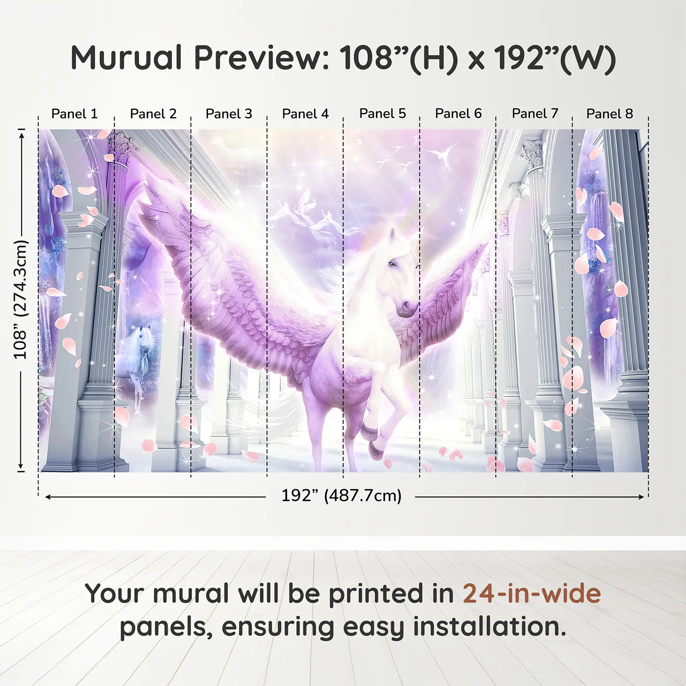 Whimsy Tots Pegasus in the Heavens Wall Muraldimension view (108" H x 192" W). Printed in eight 24-inch-wide panels. Gender-Neutral