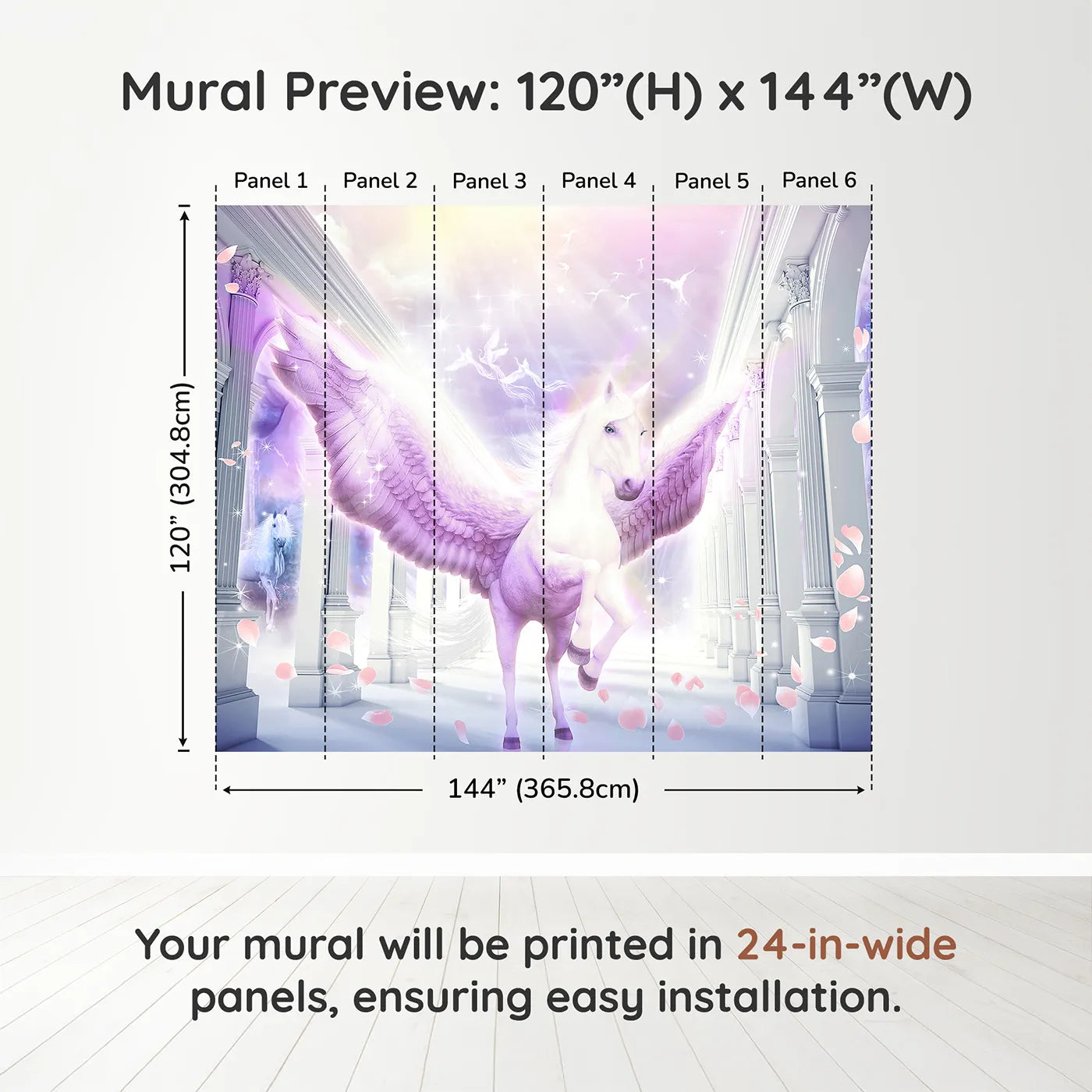 Whimsy Tots Pegasus in the Heavens Wall Muraldimension view (120" H x 144" W). Printed in six 24-inch-wide panels. Gender-Neutral