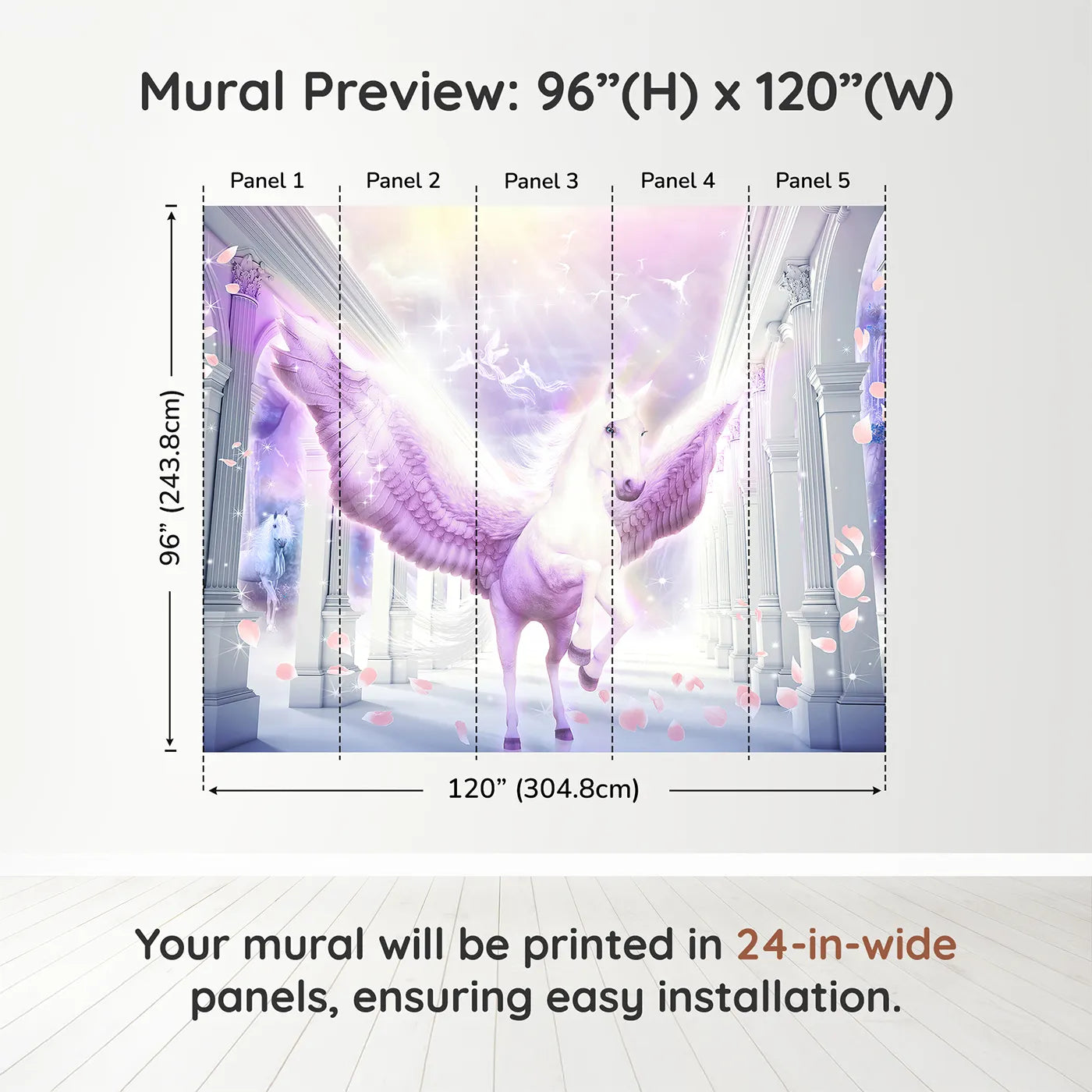 Whimsy Tots Pegasus in the Heavens Wall Muraldimension view (96" H x 120" W). Printed in five 24-inch-wide panels. Gender-Neutral