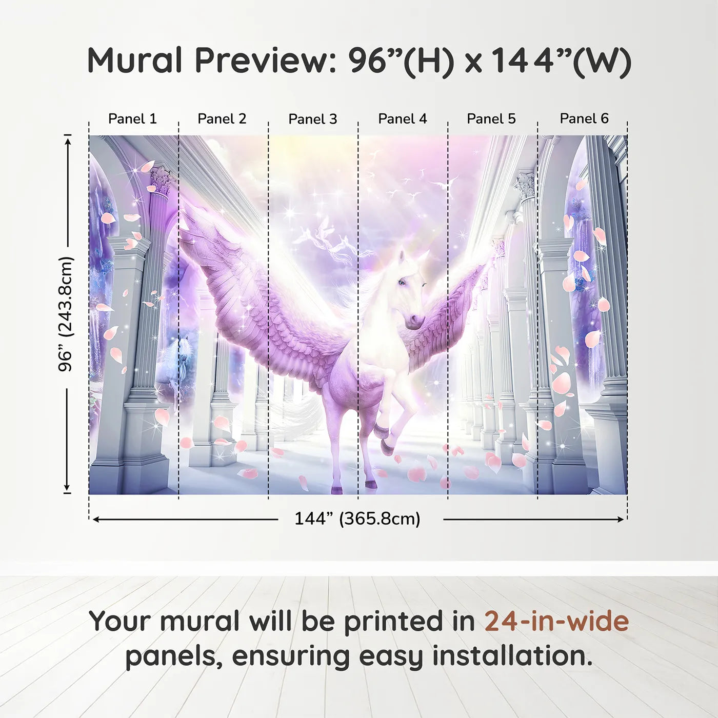 Whimsy Tots Pegasus in the Heavens Wall Muraldimension view (96" H x 144" W). Printed in six 24-inch-wide panels. Gender-Neutral