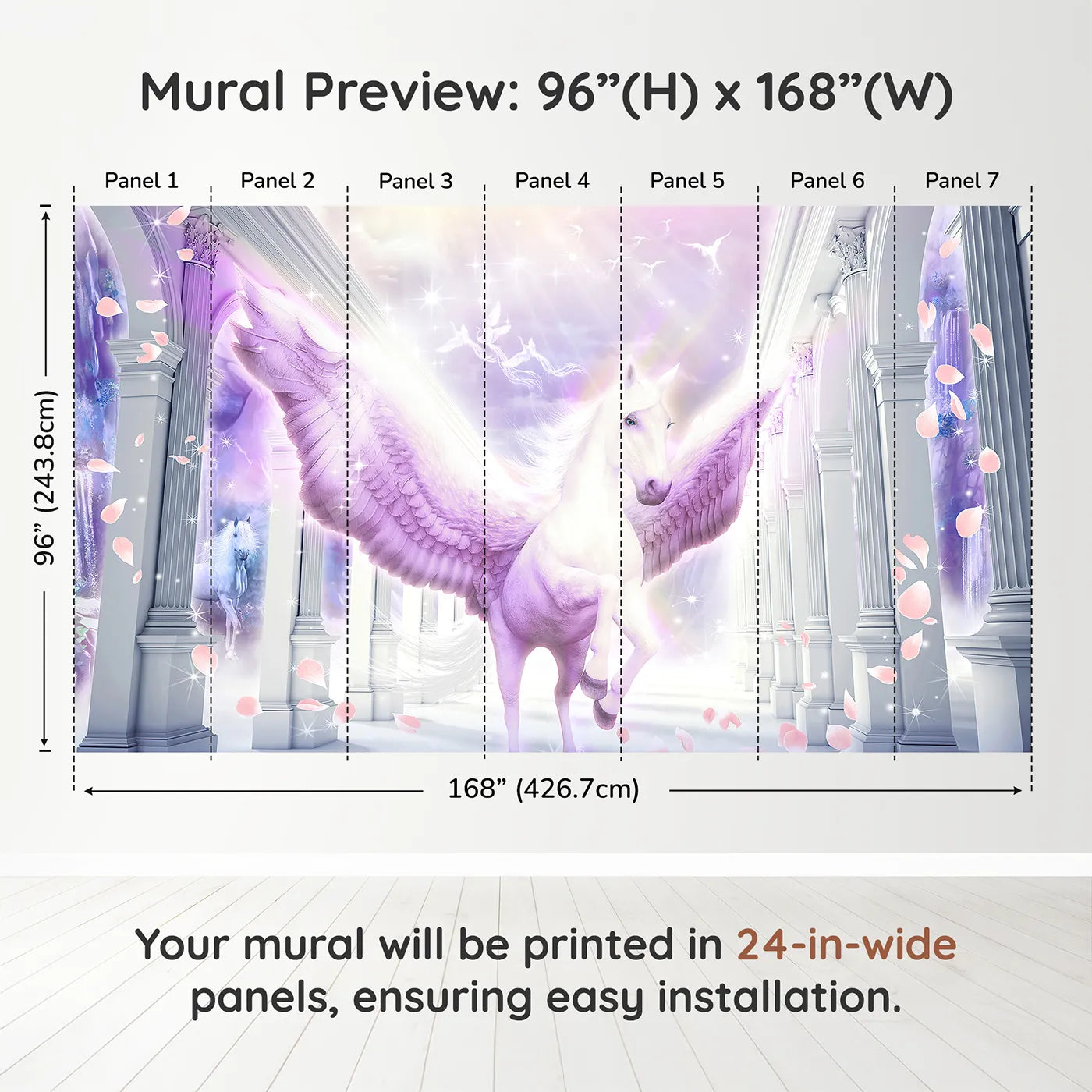 Whimsy Tots Pegasus in the Heavens Wall Muraldimension view (96" H x 168" W). Printed in seven 24-inch-wide panels. Gender-Neutral