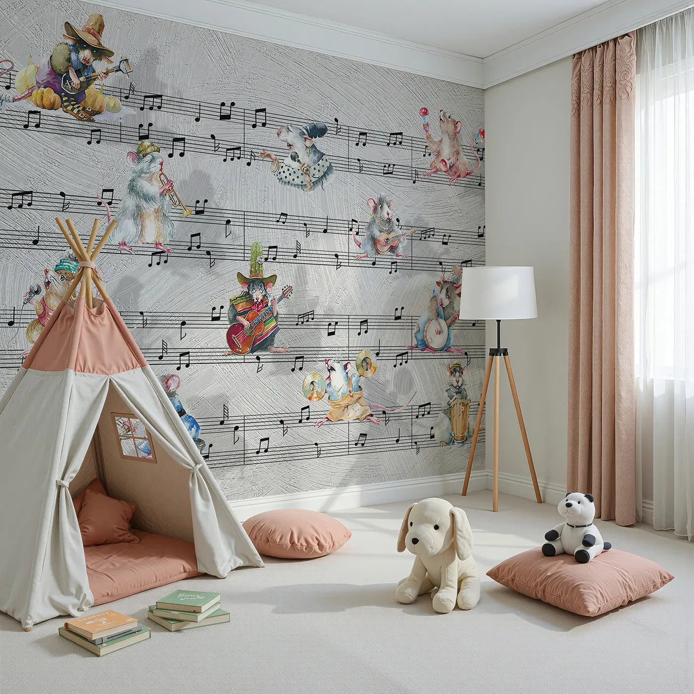 Angled view of Whimsy Tots' Mouse Musician Jam Session Wall Mural (Turn Their Room into the Funkiest, Most Musical Party in Town).Gender-Neutral