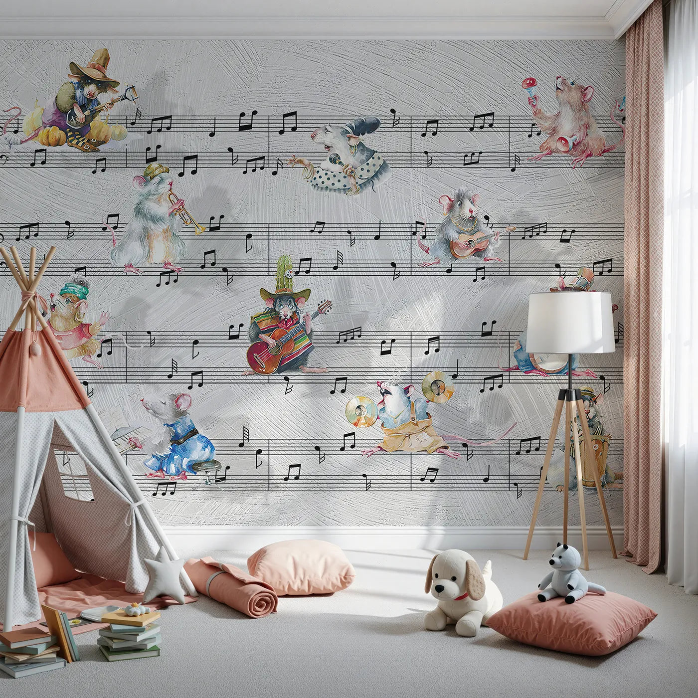 Front view of Whimsy Tots' Mouse Musician Jam Session Wall Mural