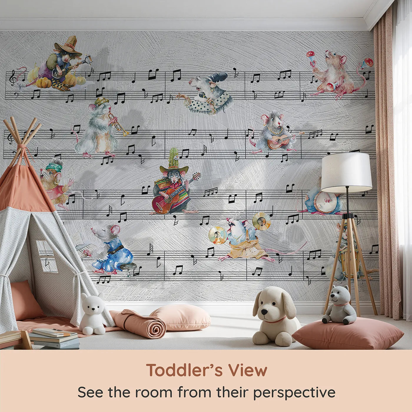 Whimsy Tots Mouse Musician Jam Session Wall Mural (Turn Their Room into the Funkiest, Most Musical Party in Town) from your child's view.Gender-Neutral