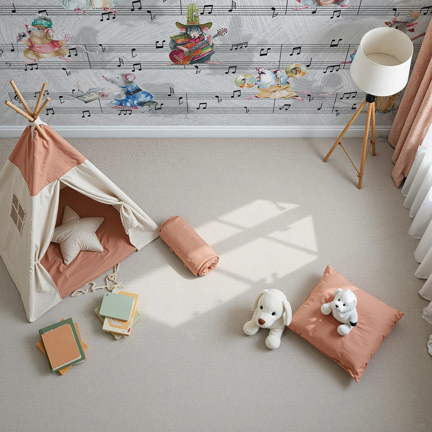 Top-down view of Whimsy Tots' Mouse Musician Jam Session Wall Mural (Turn Their Room into the Funkiest, Most Musical Party in Town).Gender-Neutral