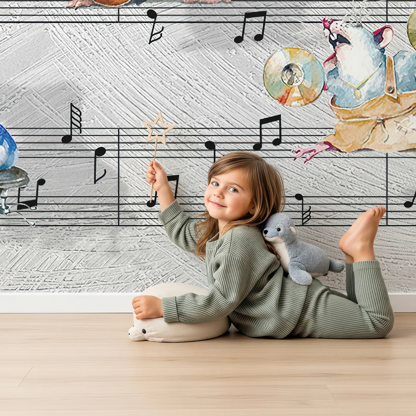 Child in front of Whimsy Tots Mouse Musician Jam Session Wall Mural with music, mouse, band, cute, whimsical, instrument, sheet music, funny in design.