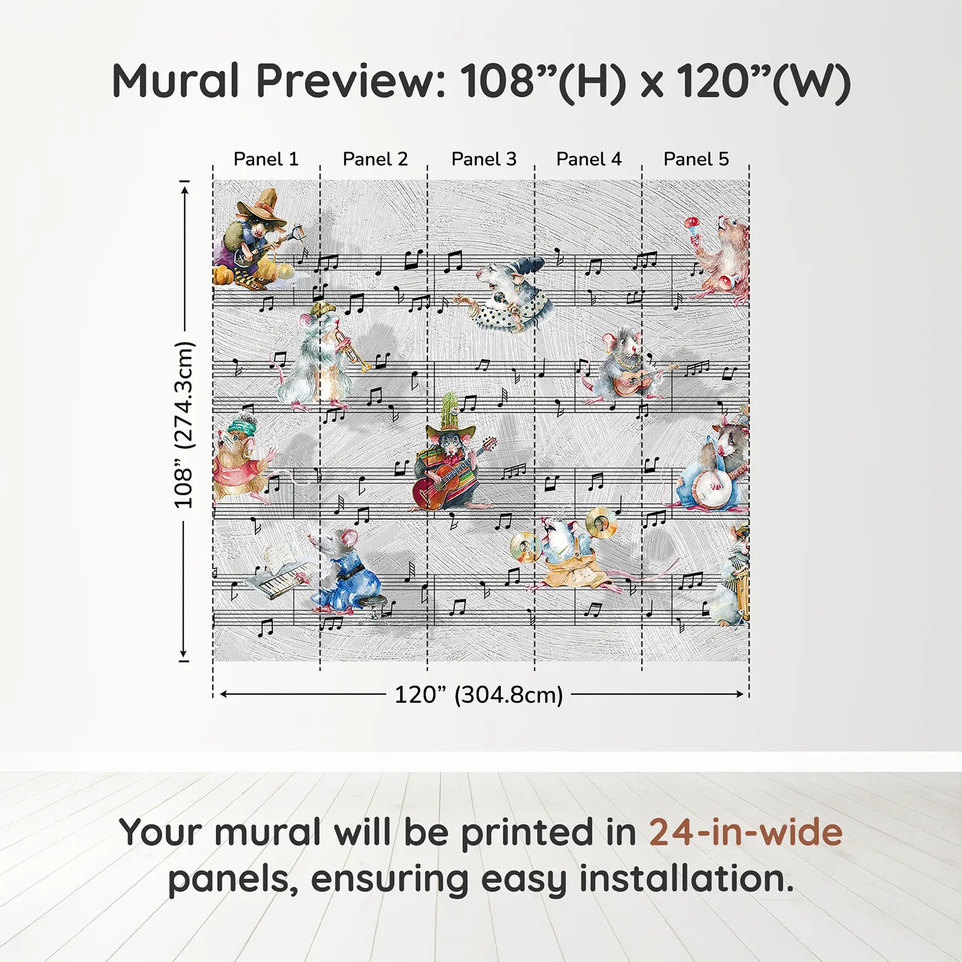 Whimsy Tots Mouse Musician Jam Session Wall Muraldimension view (108" H x 120" W). Printed in five 24-inch-wide panels. Gender-Neutral