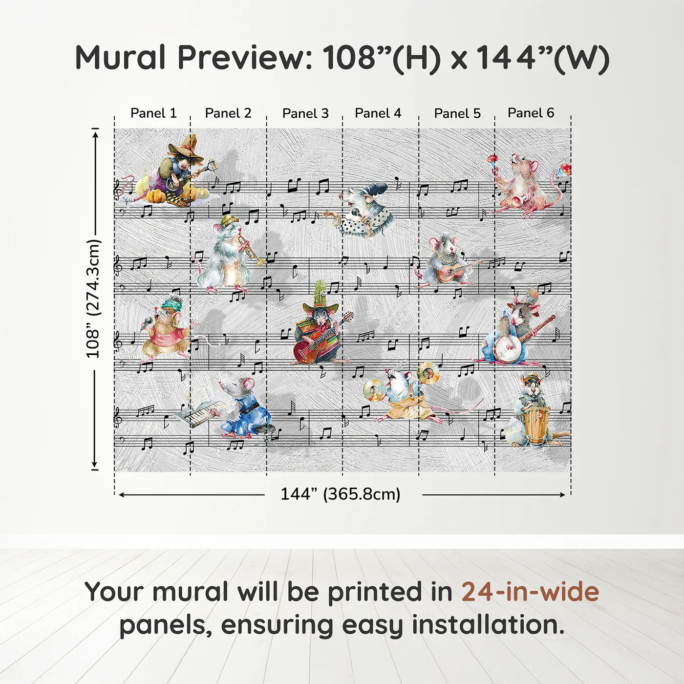 Whimsy Tots Mouse Musician Jam Session Wall Muraldimension view (108" H x 144" W). Printed in six 24-inch-wide panels. Gender-Neutral