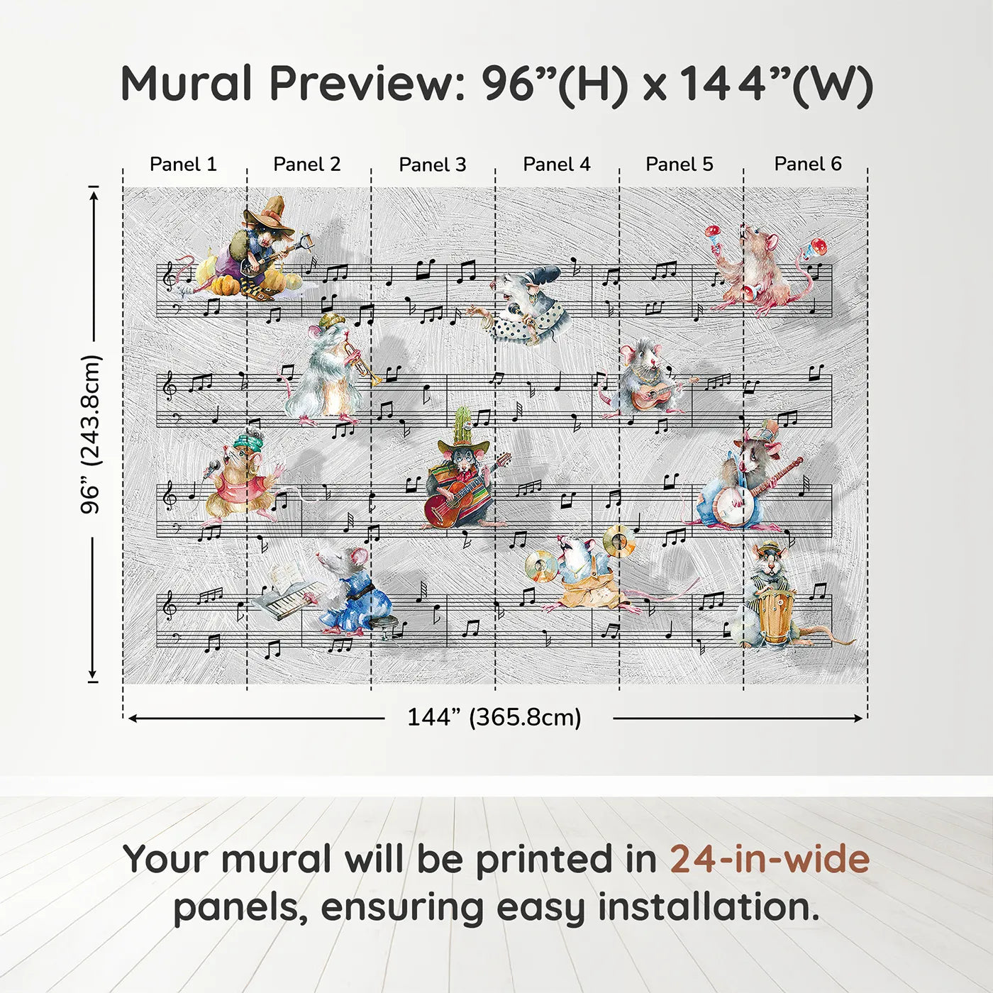 Whimsy Tots Mouse Musician Jam Session Wall Muraldimension view (96" H x 144" W). Printed in six 24-inch-wide panels. Gender-Neutral