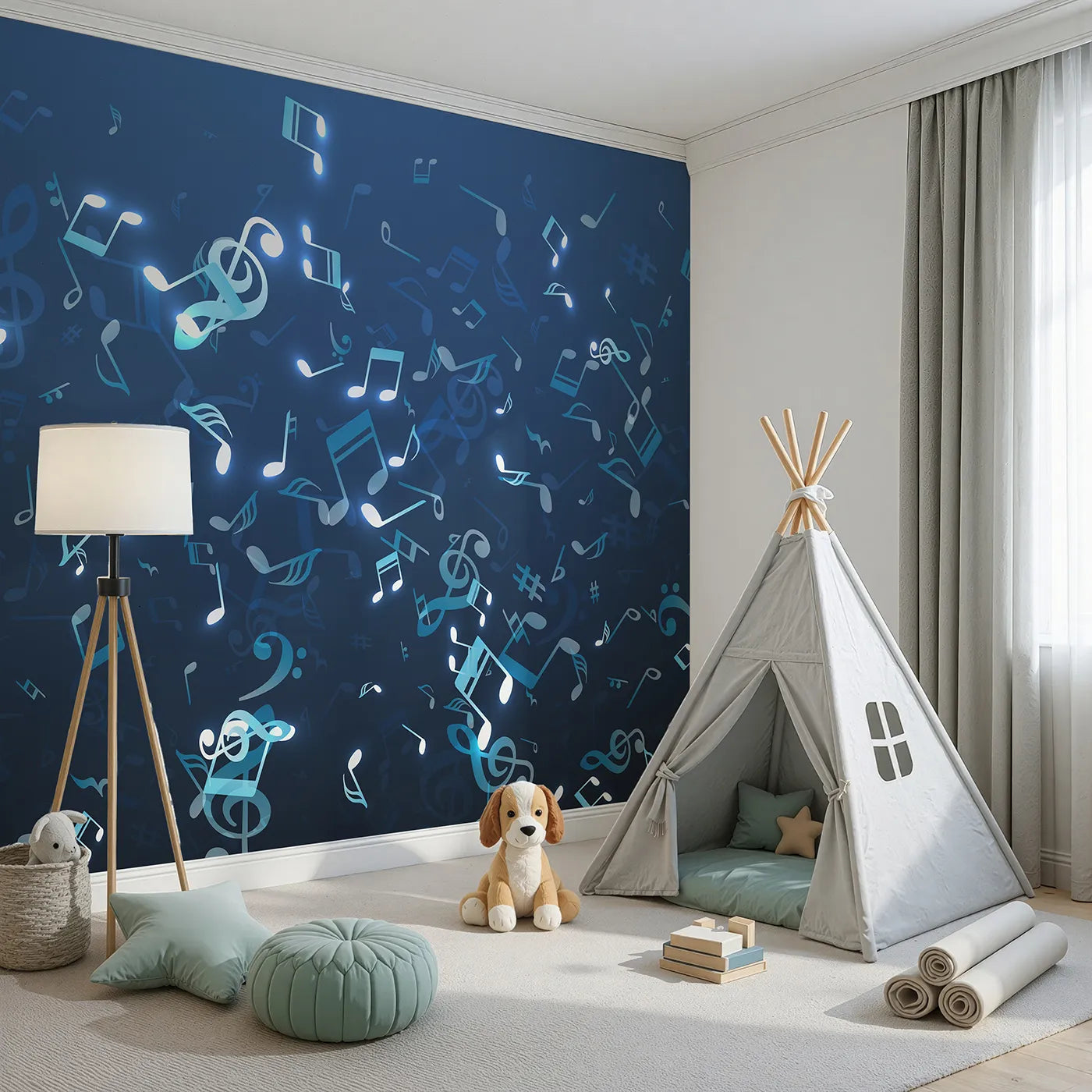 Angled view of Whimsy Tots' Glowing Blue Music Notes Wall Mural (Turn Their Room into a Magical, Underwater Symphony).Gender-Neutral