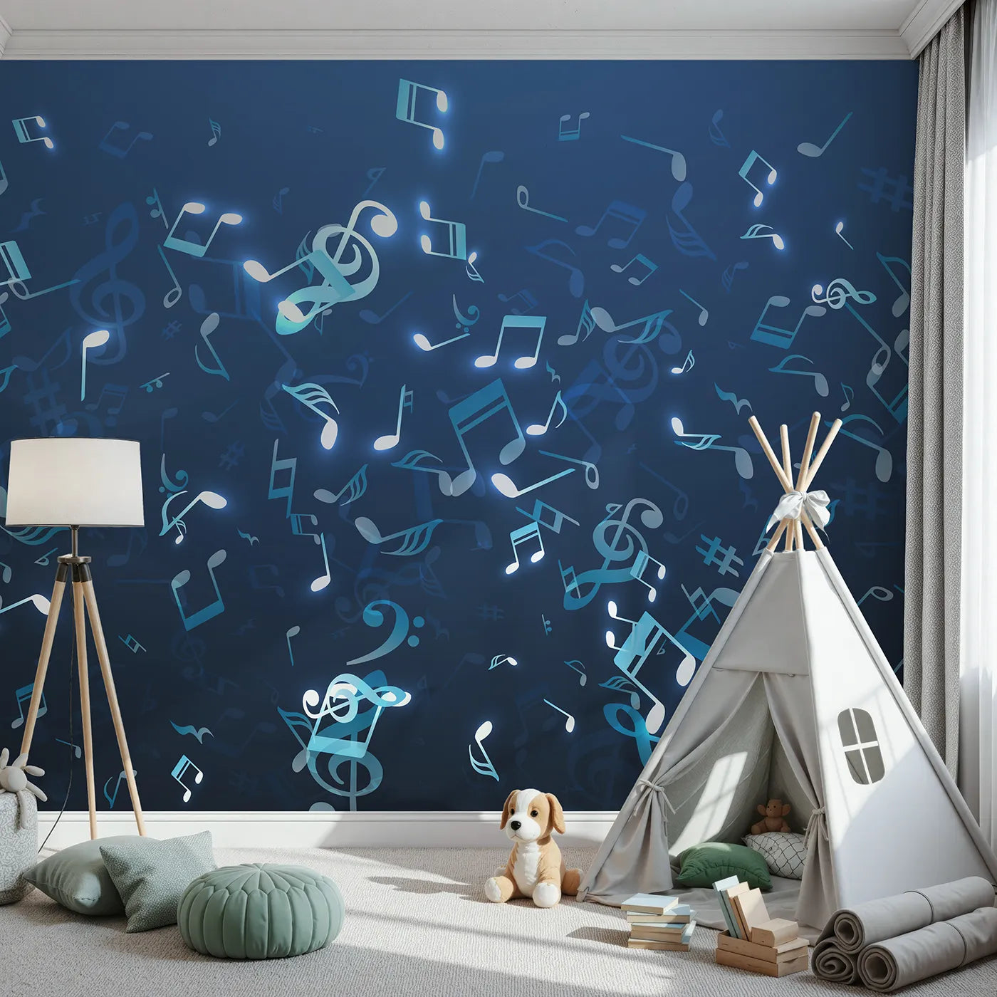 Front view of Whimsy Tots' Glowing Blue Music Notes Wall Mural