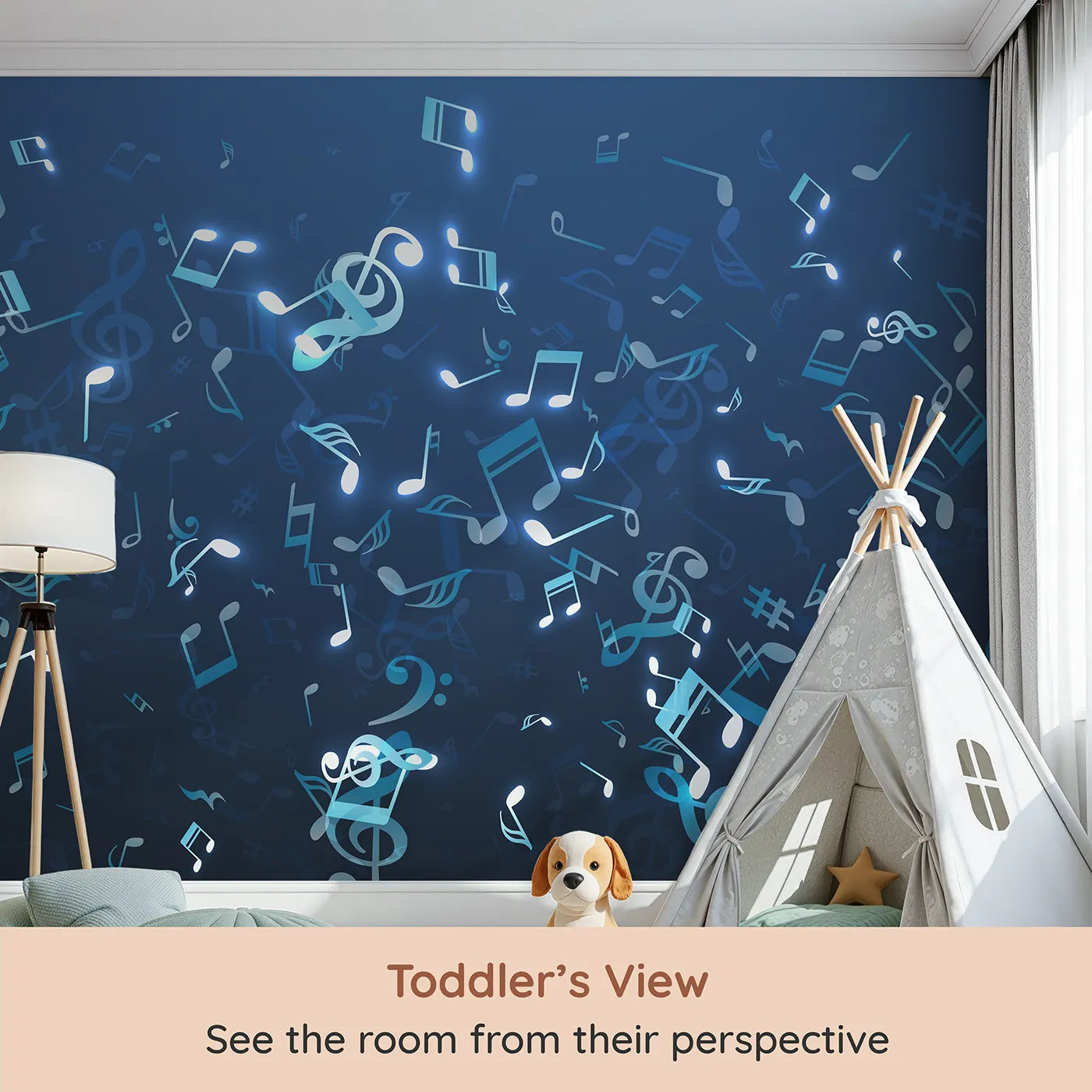 Whimsy Tots Glowing Blue Music Notes Wall Mural (Turn Their Room into a Magical, Underwater Symphony) from your child's view.Gender-Neutral