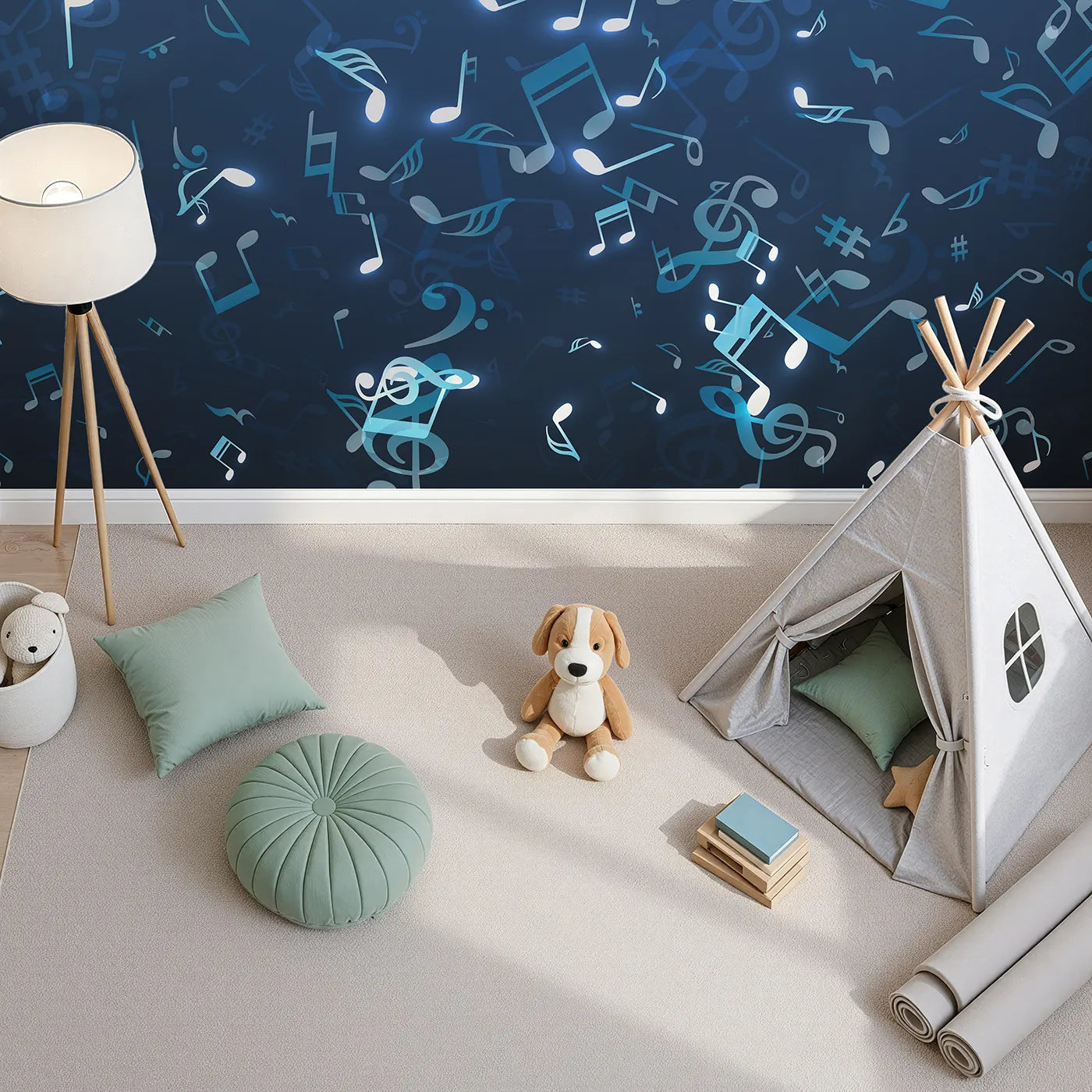 Top-down view of Whimsy Tots' Glowing Blue Music Notes Wall Mural (Turn Their Room into a Magical, Underwater Symphony).Gender-Neutral