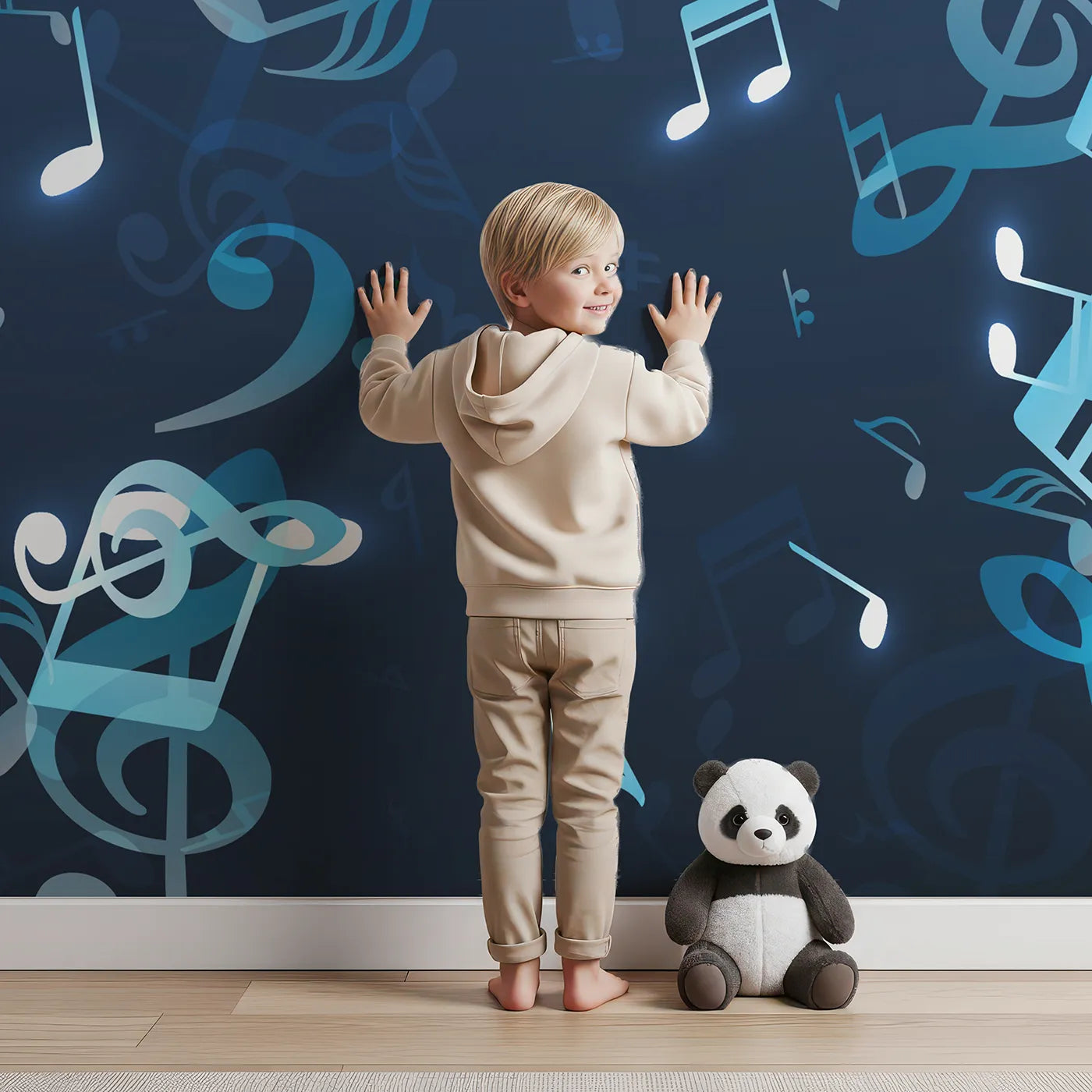 Child in front of Whimsy Tots Glowing Blue Music Notes Wall Mural with music, note, blue, glow, dark, modern, abstract, magical in design.
