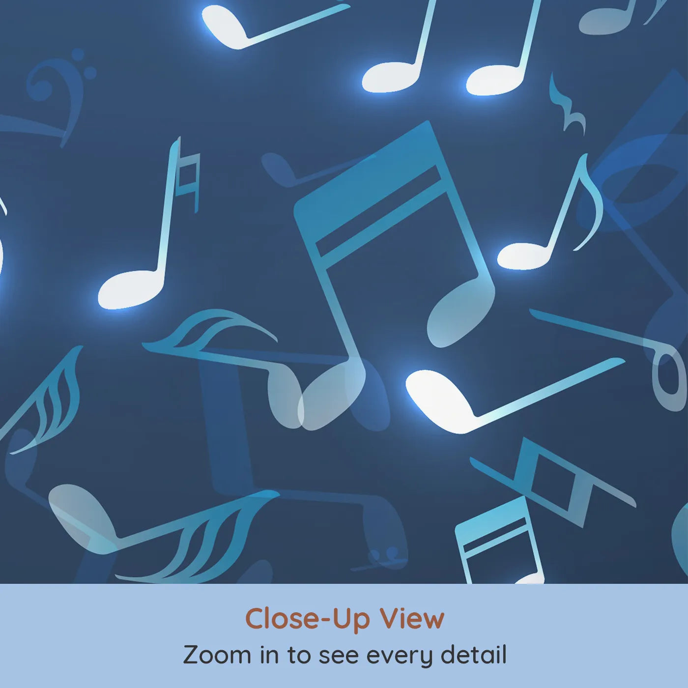 Close-up view of Whimsy Tots' Glowing Blue Music Notes Wall Mural (Turn Their Room into a Magical, Underwater Symphony).Gender-Neutral