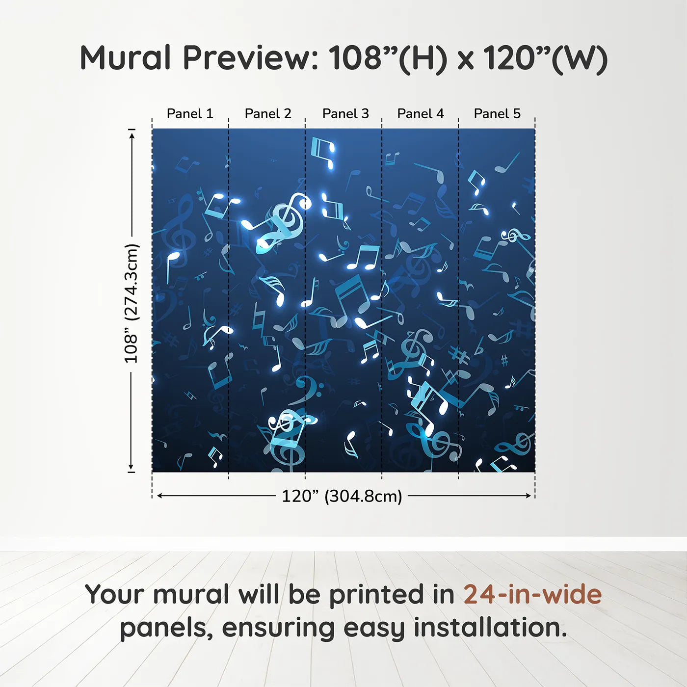 Whimsy Tots Glowing Blue Music Notes Wall Muraldimension view (108" H x 120" W). Printed in five 24-inch-wide panels. Gender-Neutral