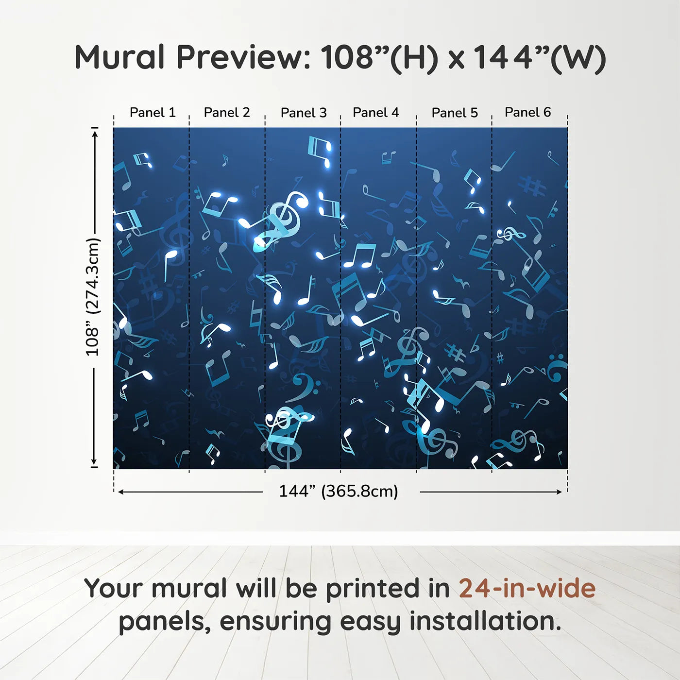 Whimsy Tots Glowing Blue Music Notes Wall Muraldimension view (108" H x 144" W). Printed in six 24-inch-wide panels. Gender-Neutral