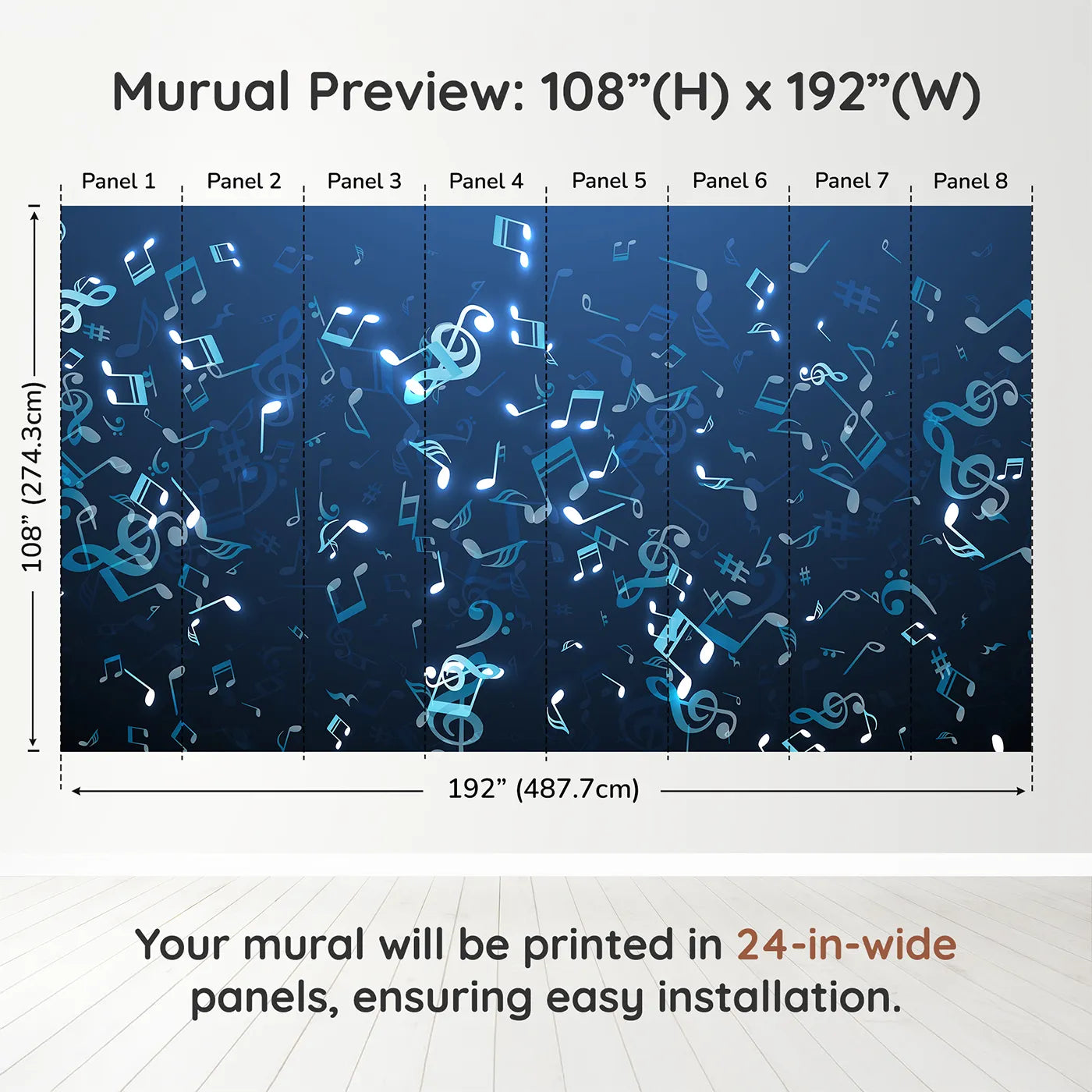 Whimsy Tots Glowing Blue Music Notes Wall Muraldimension view (108" H x 192" W). Printed in eight 24-inch-wide panels. Gender-Neutral