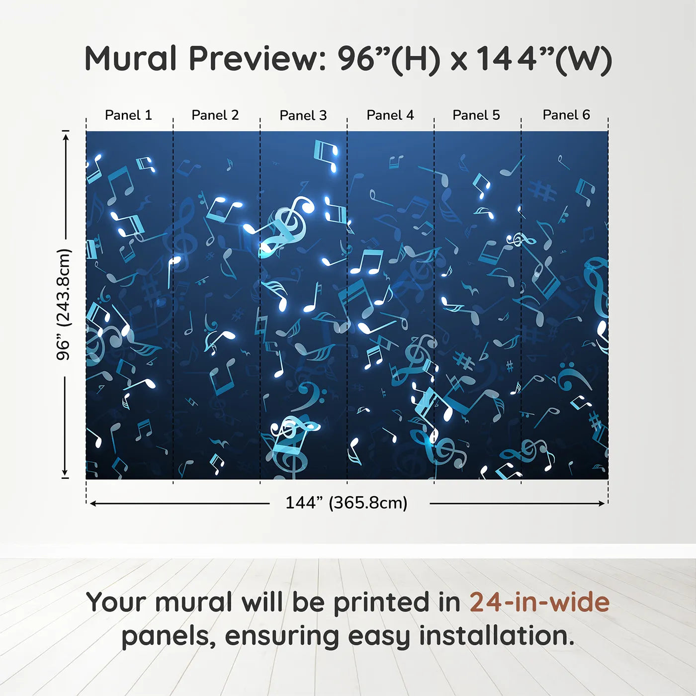 Whimsy Tots Glowing Blue Music Notes Wall Muraldimension view (96" H x 144" W). Printed in six 24-inch-wide panels. Gender-Neutral