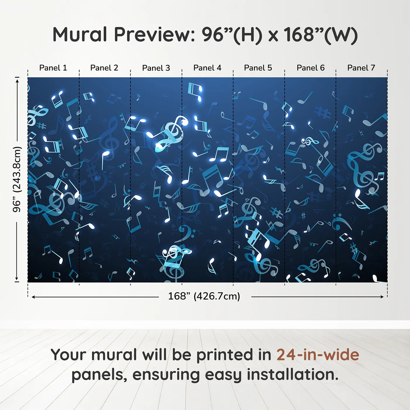 Whimsy Tots Glowing Blue Music Notes Wall Muraldimension view (96" H x 168" W). Printed in seven 24-inch-wide panels. Gender-Neutral