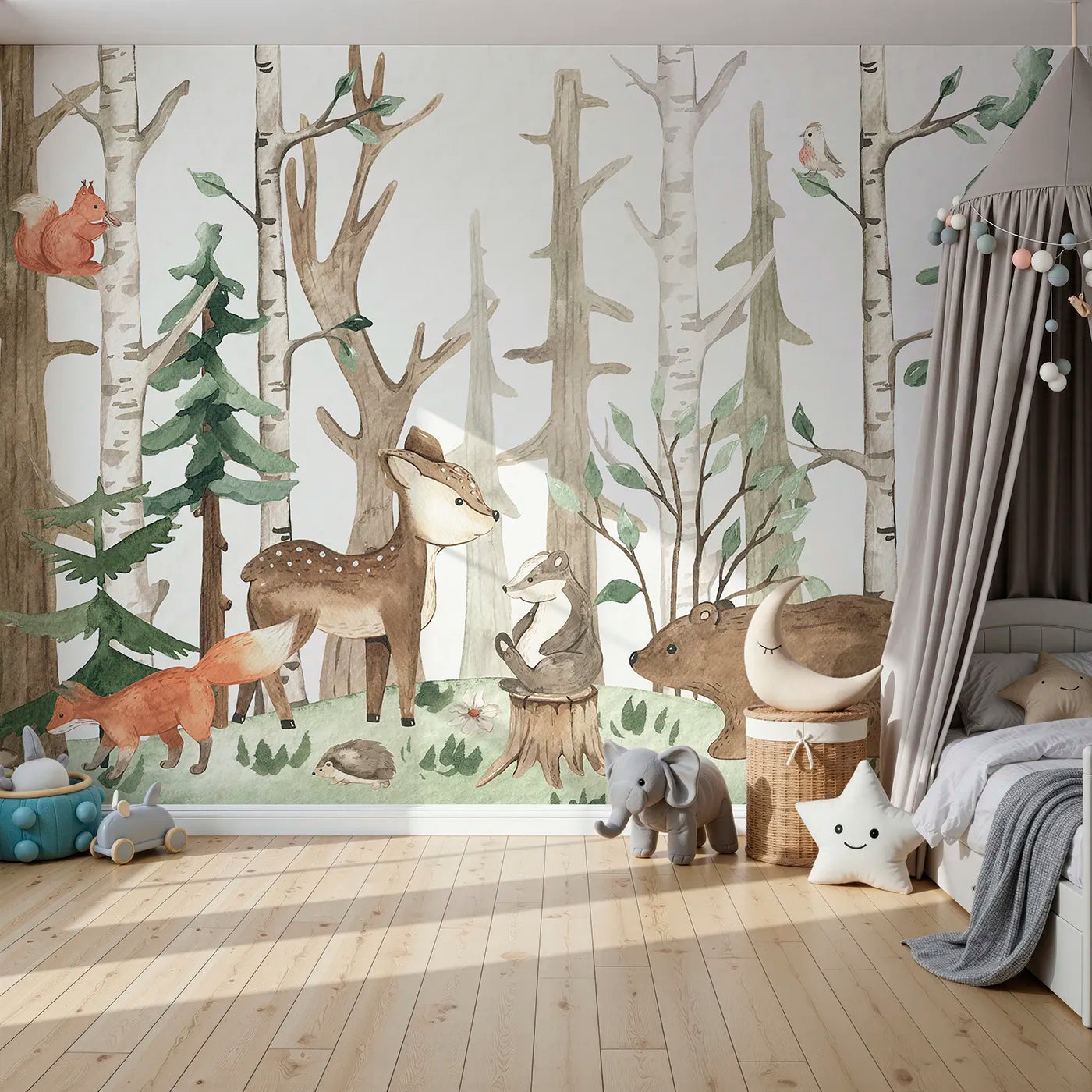 Front view of Whimsy Tots' Watercolor Woodland Friends Wall Mural