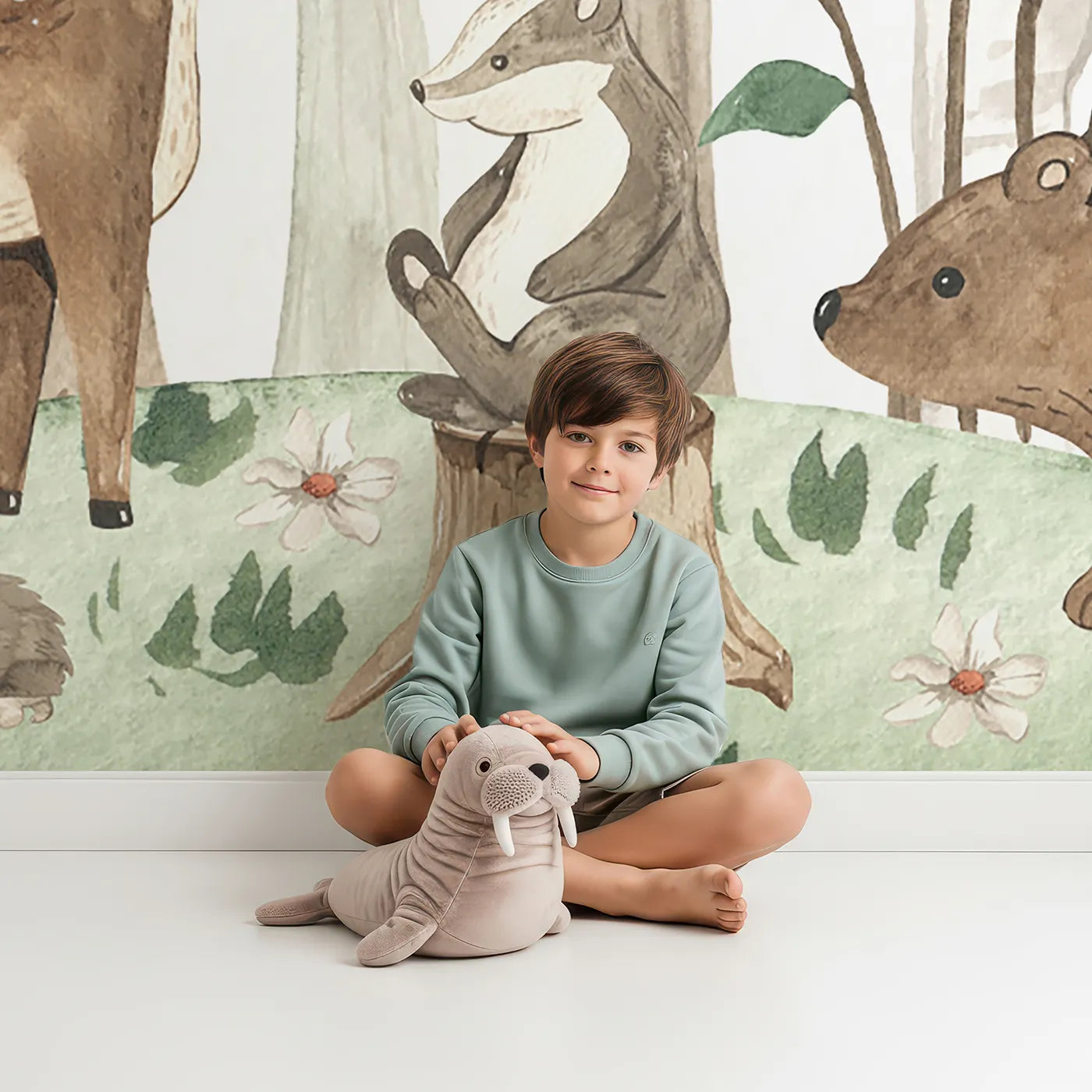 Child in front of Whimsy Tots Watercolor Woodland Friends Wall Mural with woodland, animal, watercolor, forest, deer, bear, fox, cute in design.