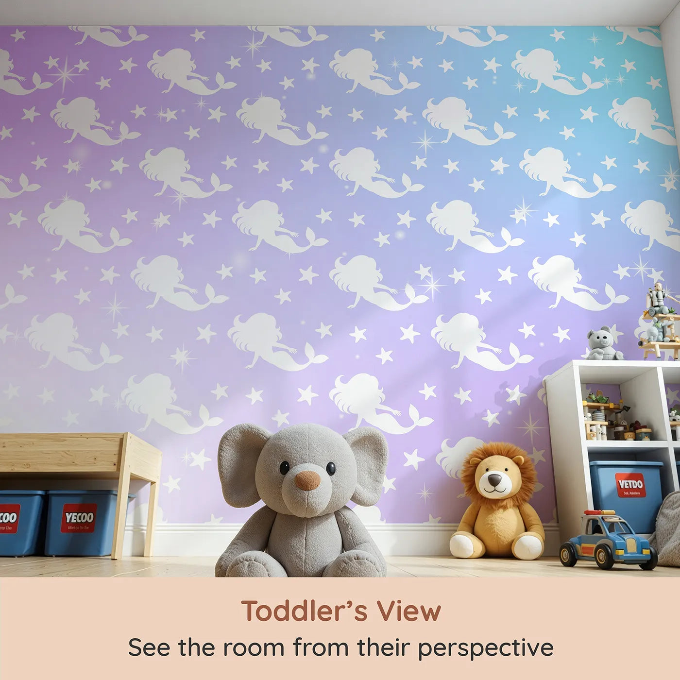 Whimsy Tots Mermaid Sparkle Wall Mural (Turn Their Room into a Magical, Underwater Dream) from your child's view.Best for Girls