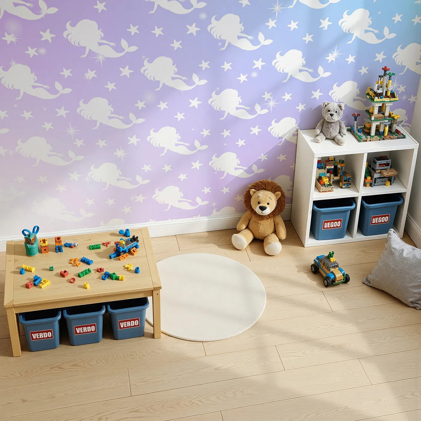 Top-down view of Whimsy Tots' Mermaid Sparkle Wall Mural (Turn Their Room into a Magical, Underwater Dream).Best for Girls