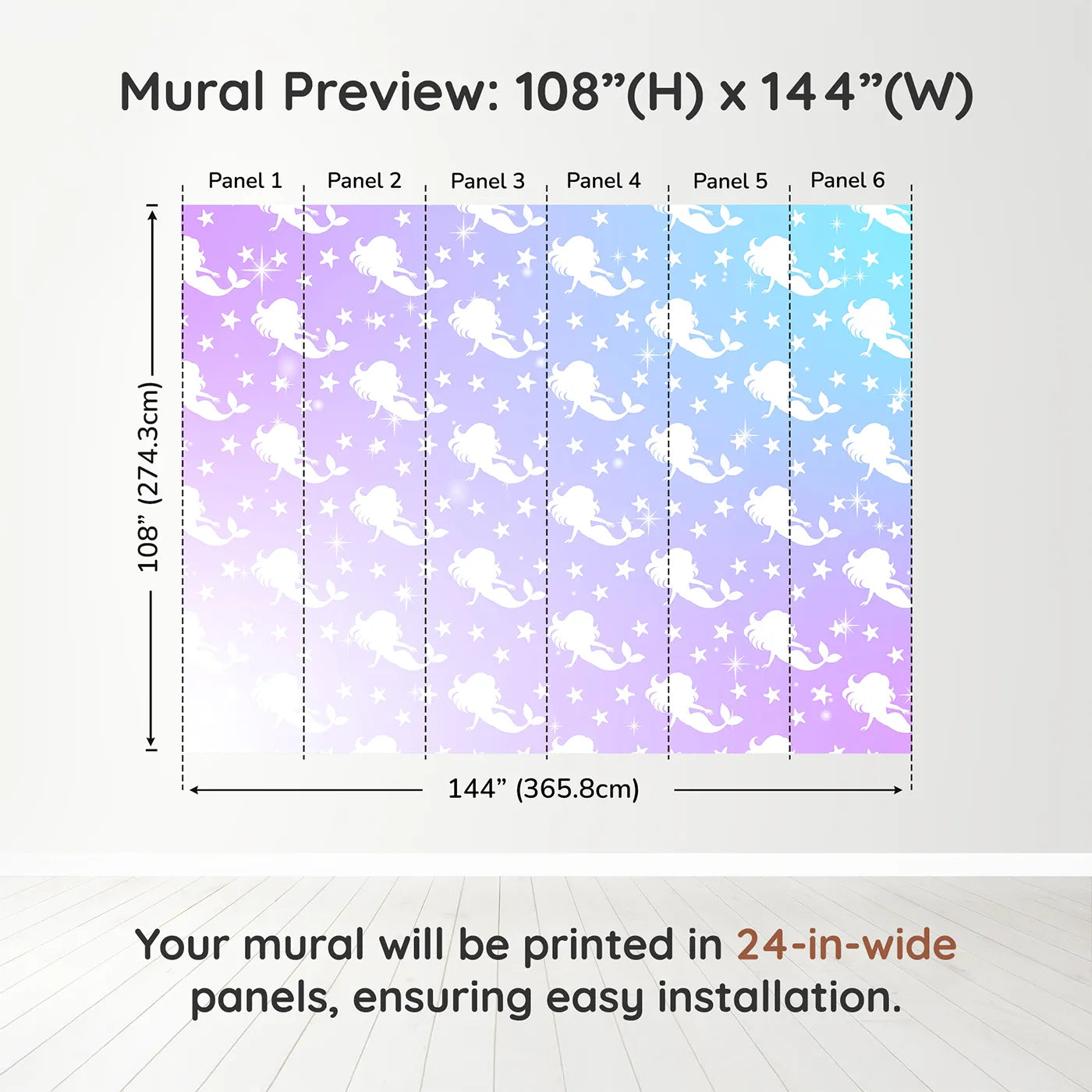 Whimsy Tots Mermaid Sparkle Wall Muraldimension view (108" H x 144" W). Printed in six 24-inch-wide panels. Best for Girls