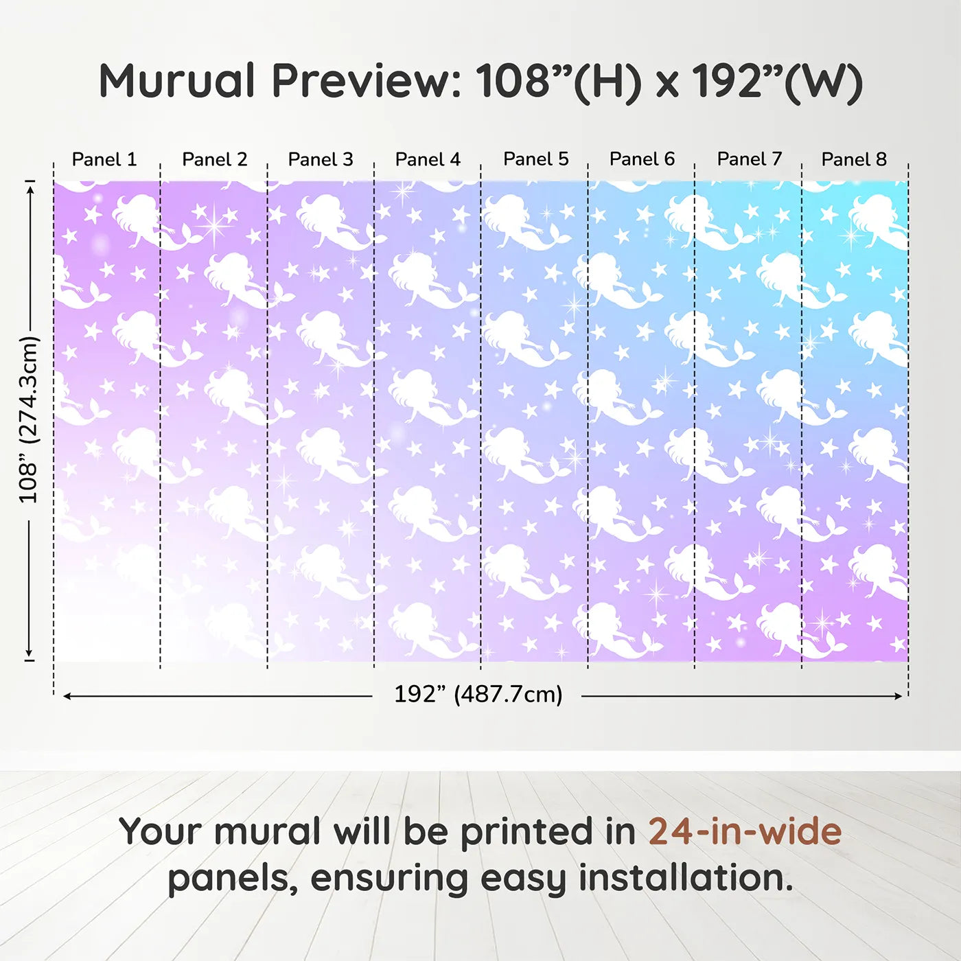 Whimsy Tots Mermaid Sparkle Wall Muraldimension view (108" H x 192" W). Printed in eight 24-inch-wide panels. Best for Girls