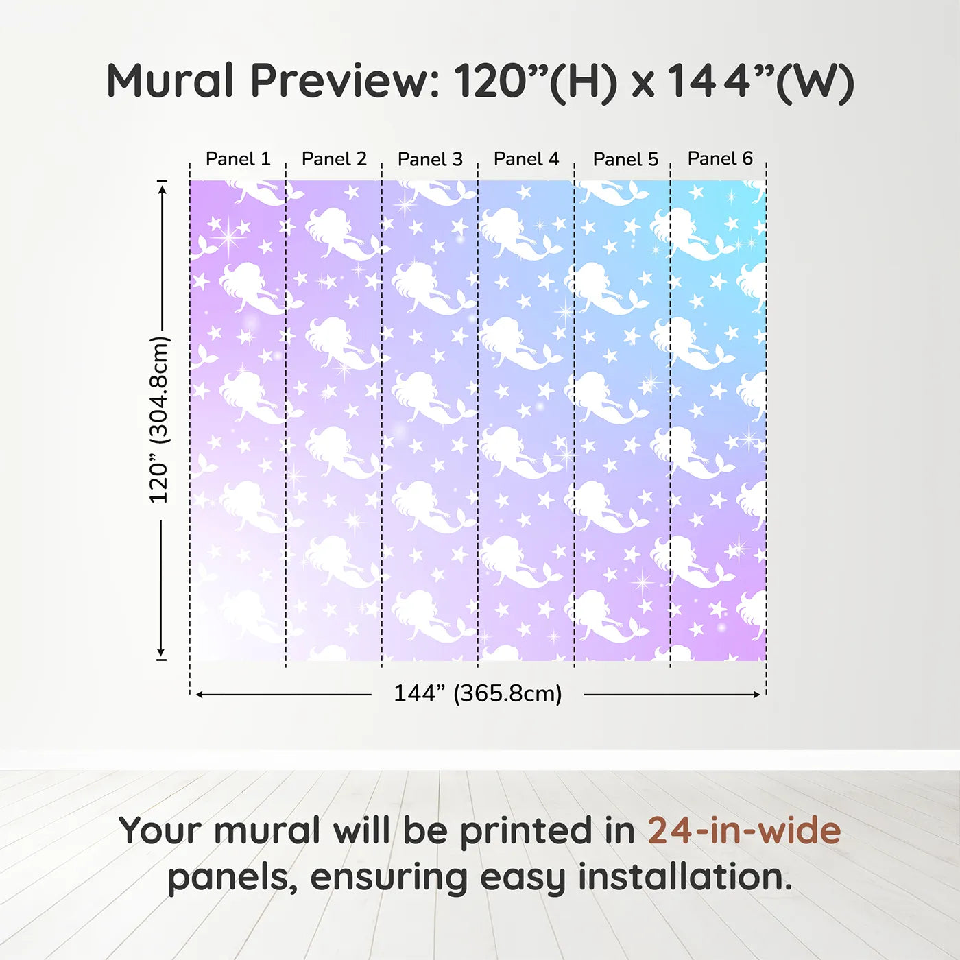 Whimsy Tots Mermaid Sparkle Wall Muraldimension view (120" H x 144" W). Printed in six 24-inch-wide panels. Best for Girls