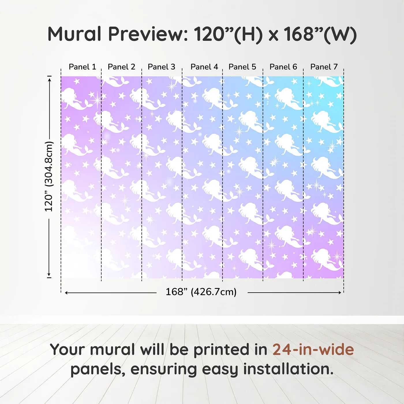 Whimsy Tots Mermaid Sparkle Wall Muraldimension view (120" H x 168" W). Printed in seven 24-inch-wide panels. Best for Girls