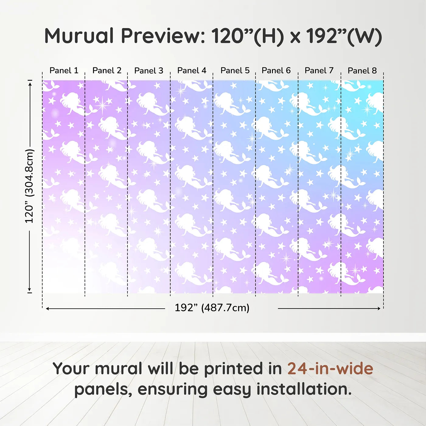 Whimsy Tots Mermaid Sparkle Wall Muraldimension view (120" H x 192" W). Printed in eight 24-inch-wide panels. Best for Girls
