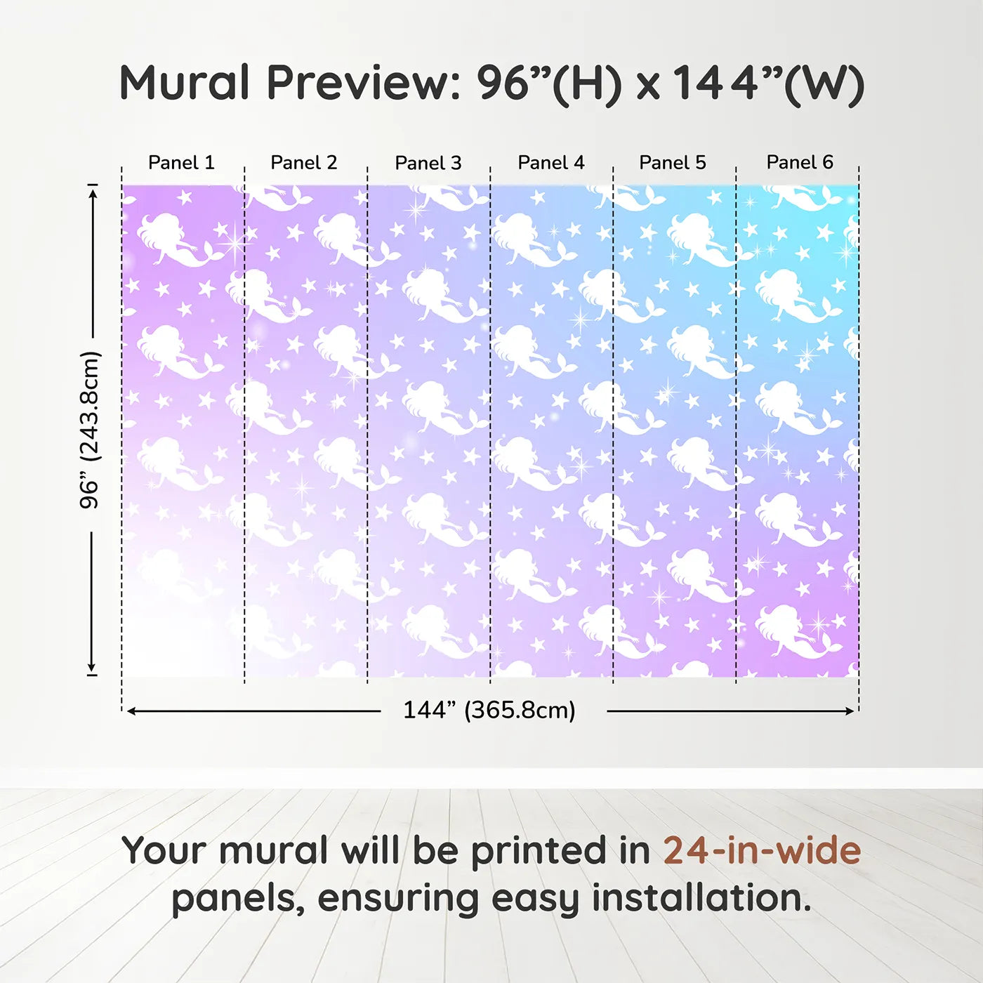 Whimsy Tots Mermaid Sparkle Wall Muraldimension view (96" H x 144" W). Printed in six 24-inch-wide panels. Best for Girls