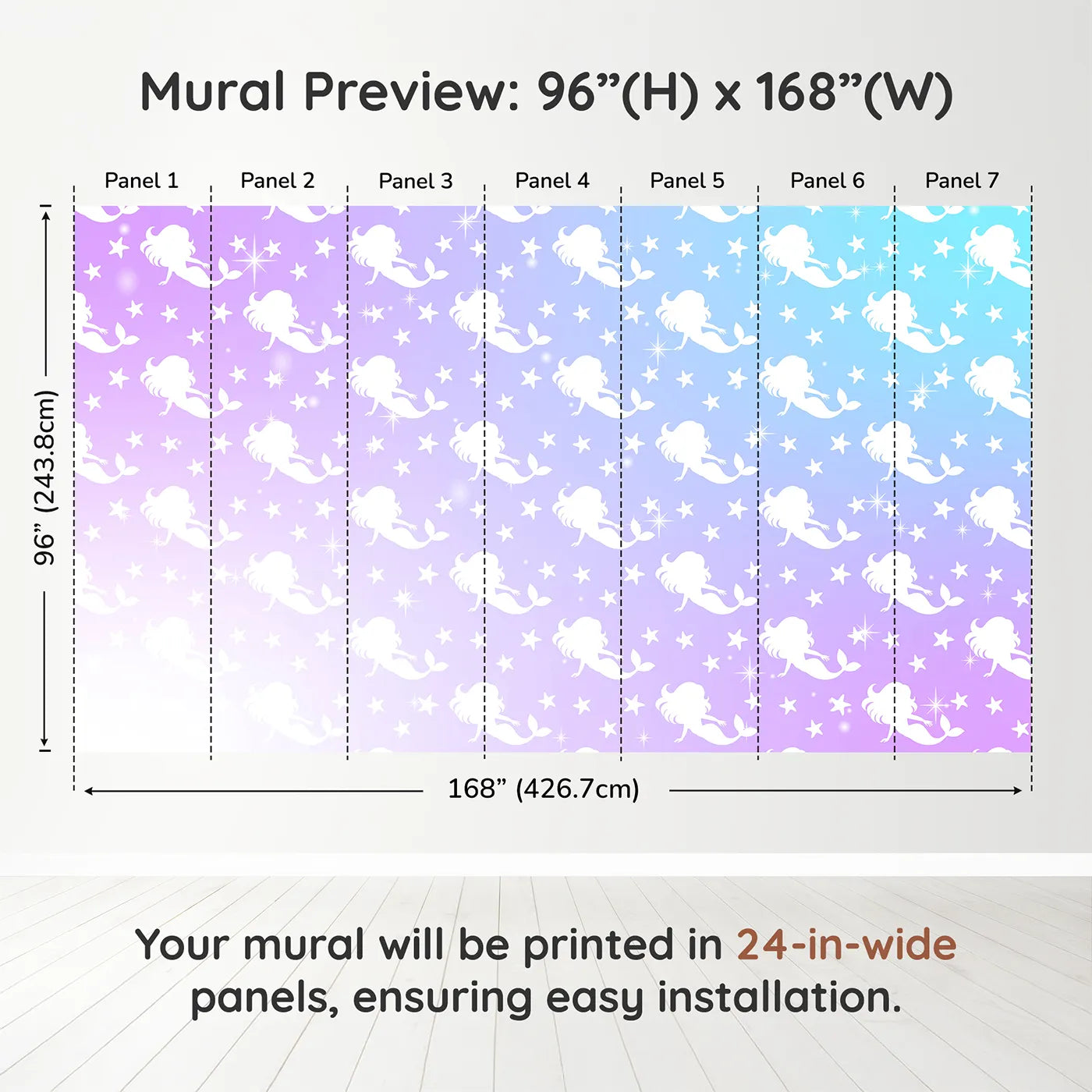 Whimsy Tots Mermaid Sparkle Wall Muraldimension view (96" H x 168" W). Printed in seven 24-inch-wide panels. Best for Girls