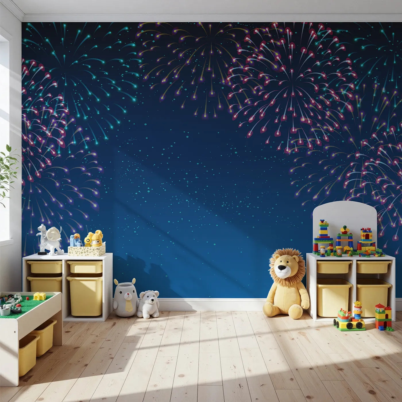 Front view of Whimsy Tots' Night Sky Fireworks Wall Mural